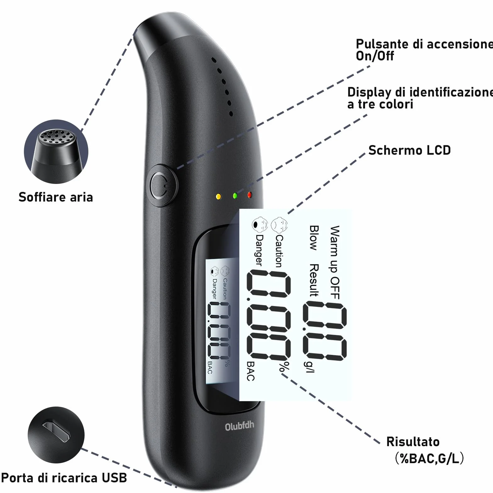 Etilometro Portatile Certificato con Display LCD, Batteria USB, Misuratore Alcolico Professionale (C06)