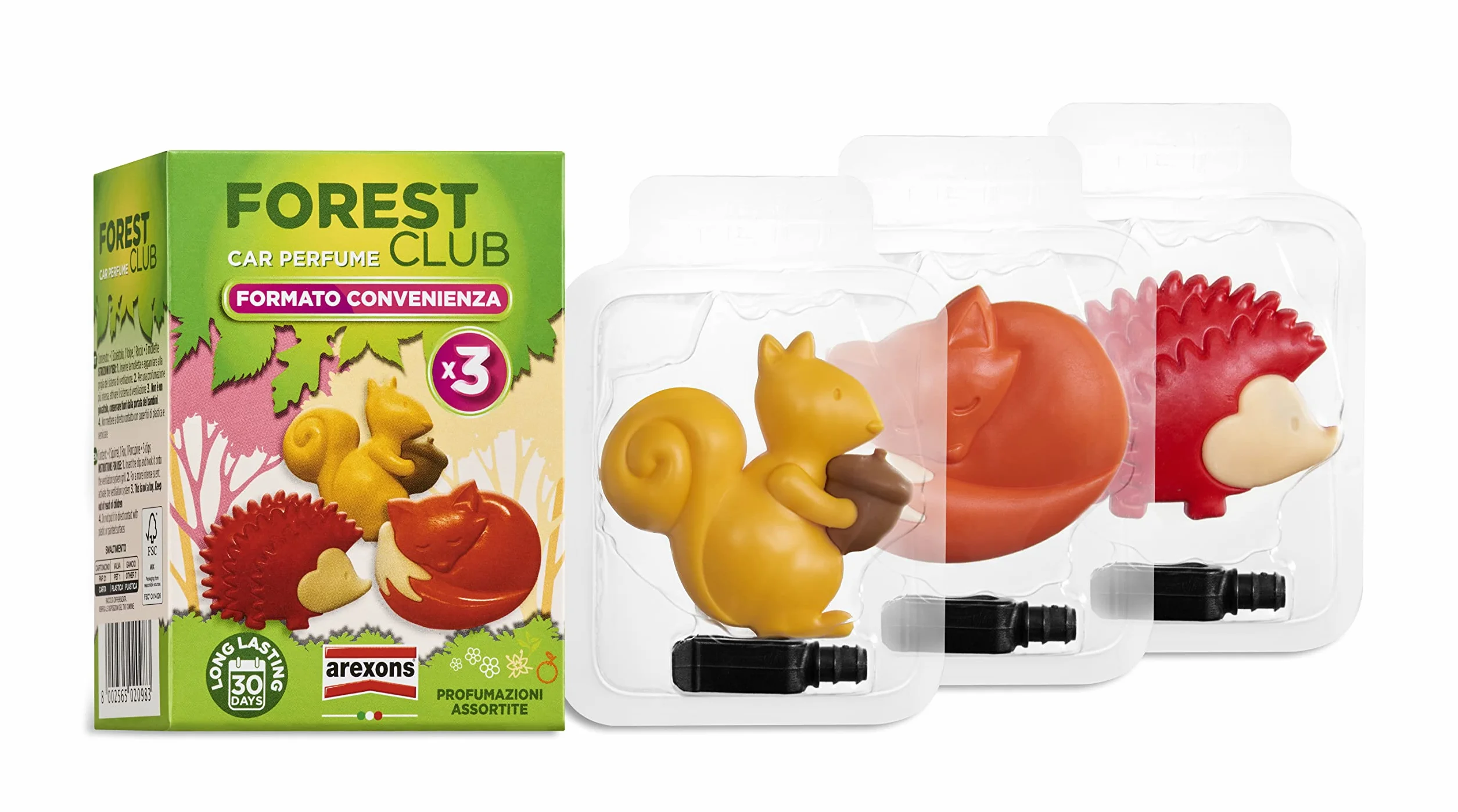 AREXONS Forest Club & Friends Tripack Profumatore Auto, Durata 30 Giorni, Fragranza Orange Sunrise, Vanilla&Tea, Pink Flowers, Made in Italy