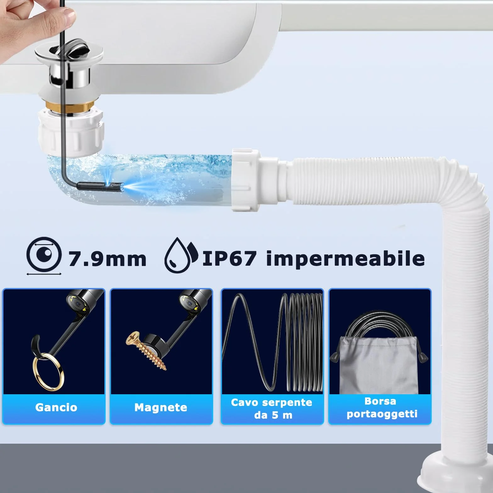 Telecamera Ispezione Endoscopio HD 1920P USB Doppia Lente 5M Cavo Semirigido 8 LED Senza WiFi per iPhone Android iOS