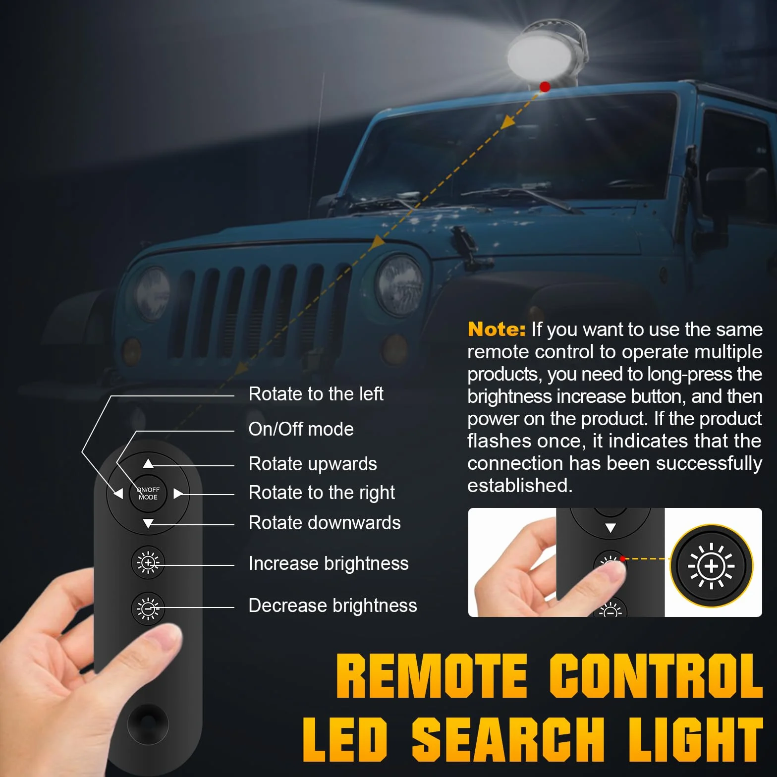 RIGIDON Strobo Faro da ricerca Led, 38W 3800LM Spotlight Rotazione 360° Telecomandato Luce da Lavoro esterno con Magnetica, Luce da Ricerca per Auto Fuoristrada Camion SUV 4x4 Barca, Faretto a led