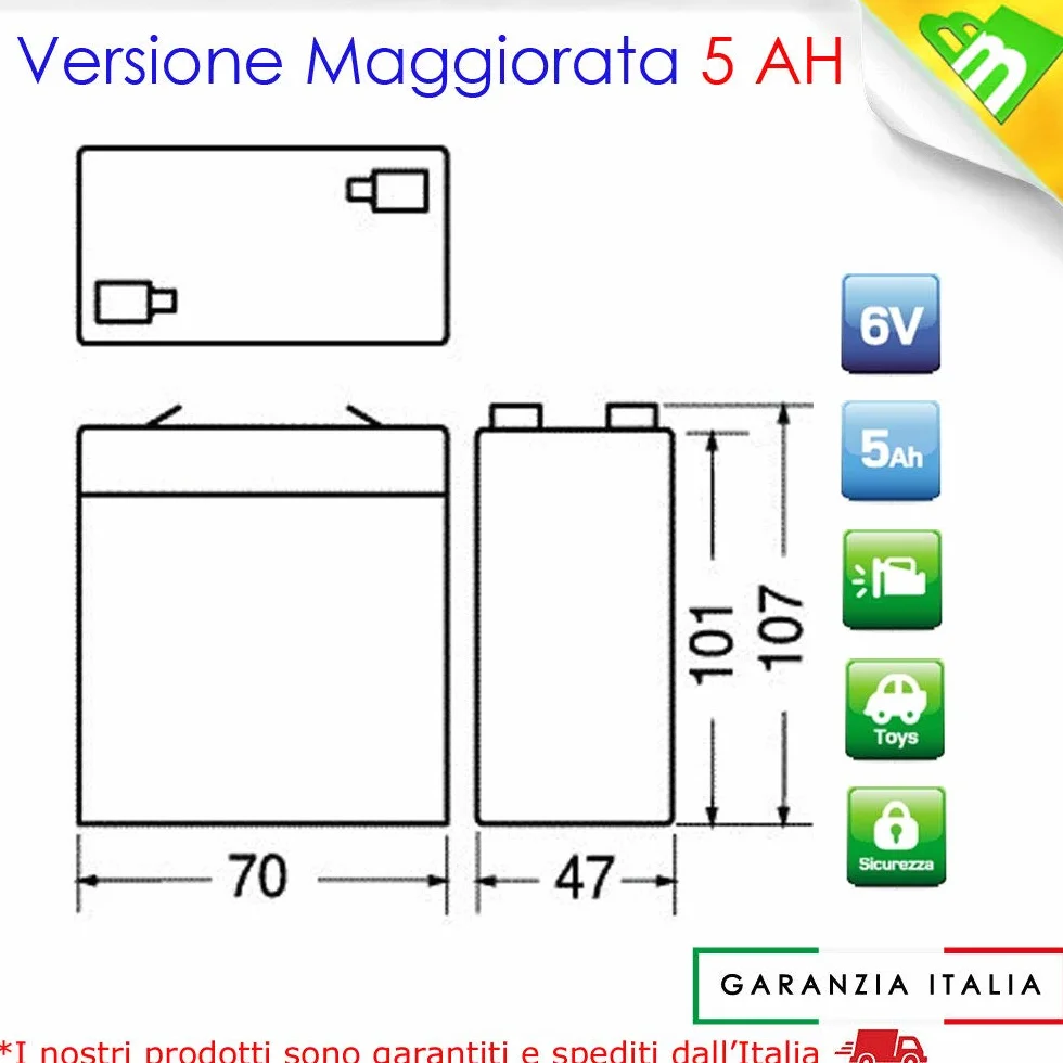 Batteria Gel di Piombo per: Moto,quads, Veicoli tipo PegPerego auto moto 6V 5Ah (sostituisce Anche 4Ah 4,5Ah)