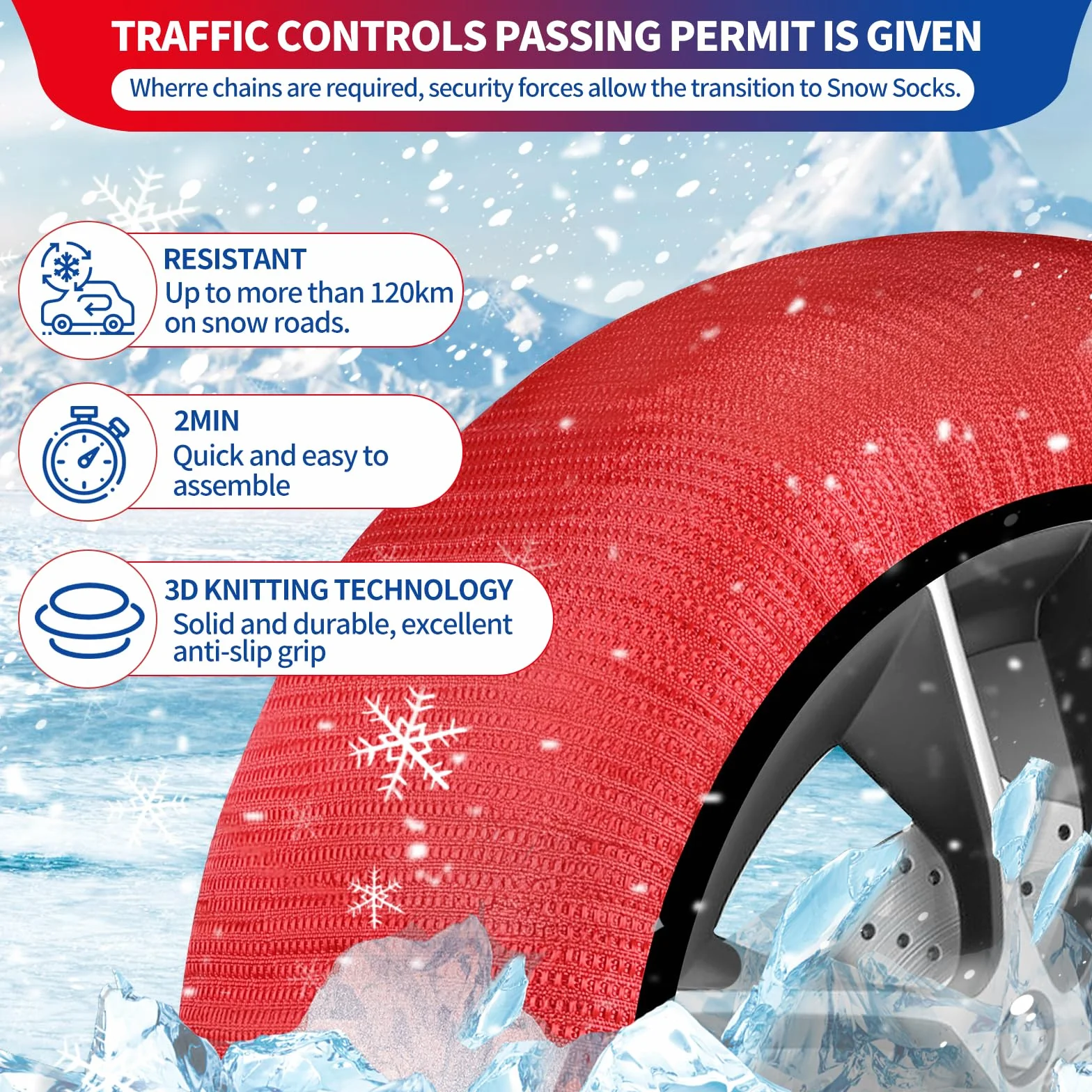 SWAWIS Catze da Neve Omologate EN 16662-1 Catene da Neve in Tessuto Taglia XL per R14 - R22 Auto Universali, 1 Coppia Rosso