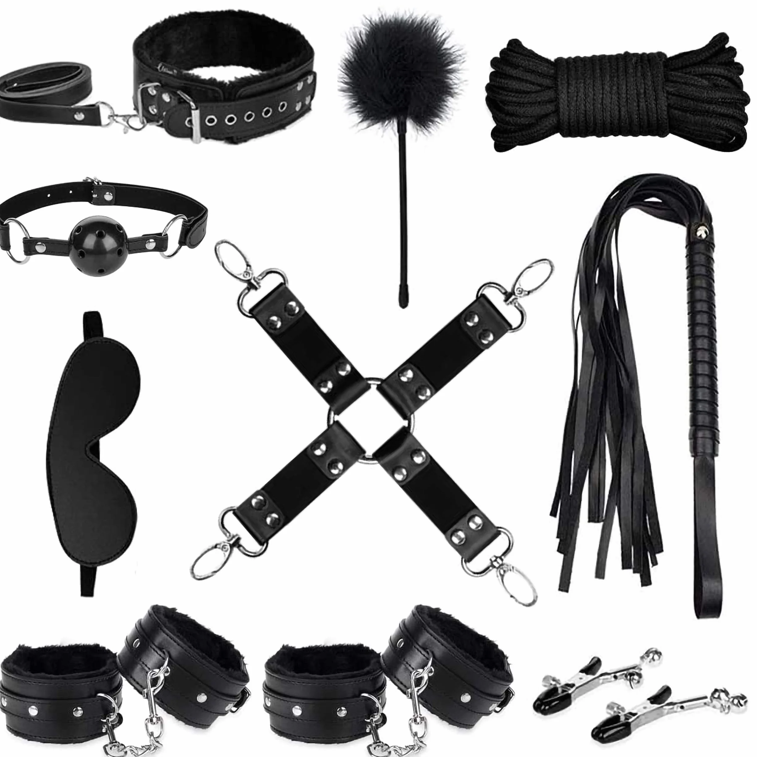 Bondage Set Regolabile Pelle Peluche 10 Pezzi Kit Adulti Sex Toys Nero