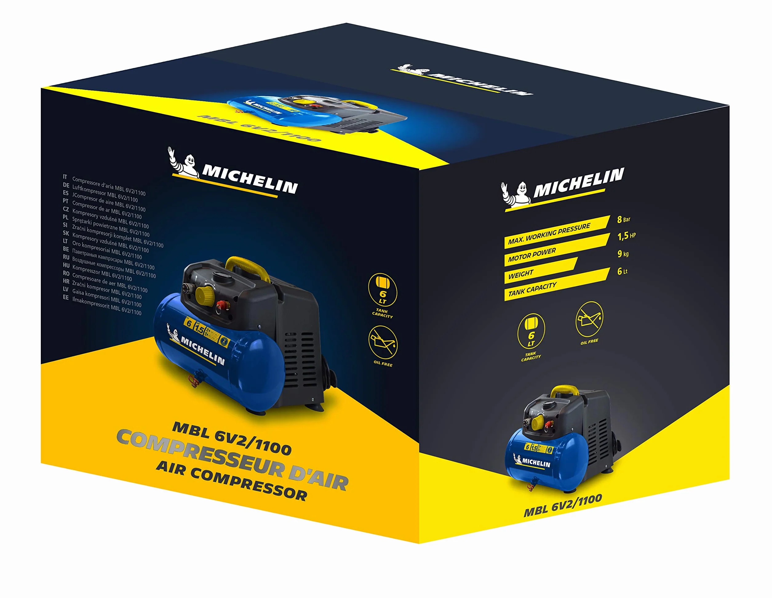 Michelin Compressore d'Aria Portatile MBL6, Compressore Aria Oil-Free da 6 Litri, Manometro Integrato, Pressione Massima 8 Bar, Potenza 1.5 CV