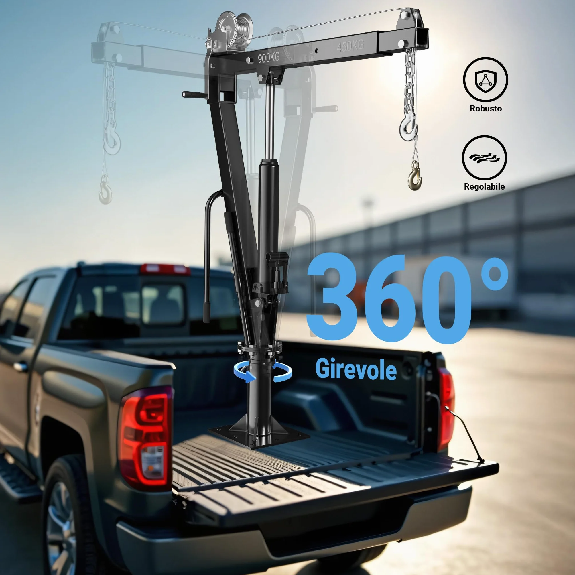 Wiltec Mini gru di sollevamento idraulica con verricello 900 kg 1800 mm girevole 360°