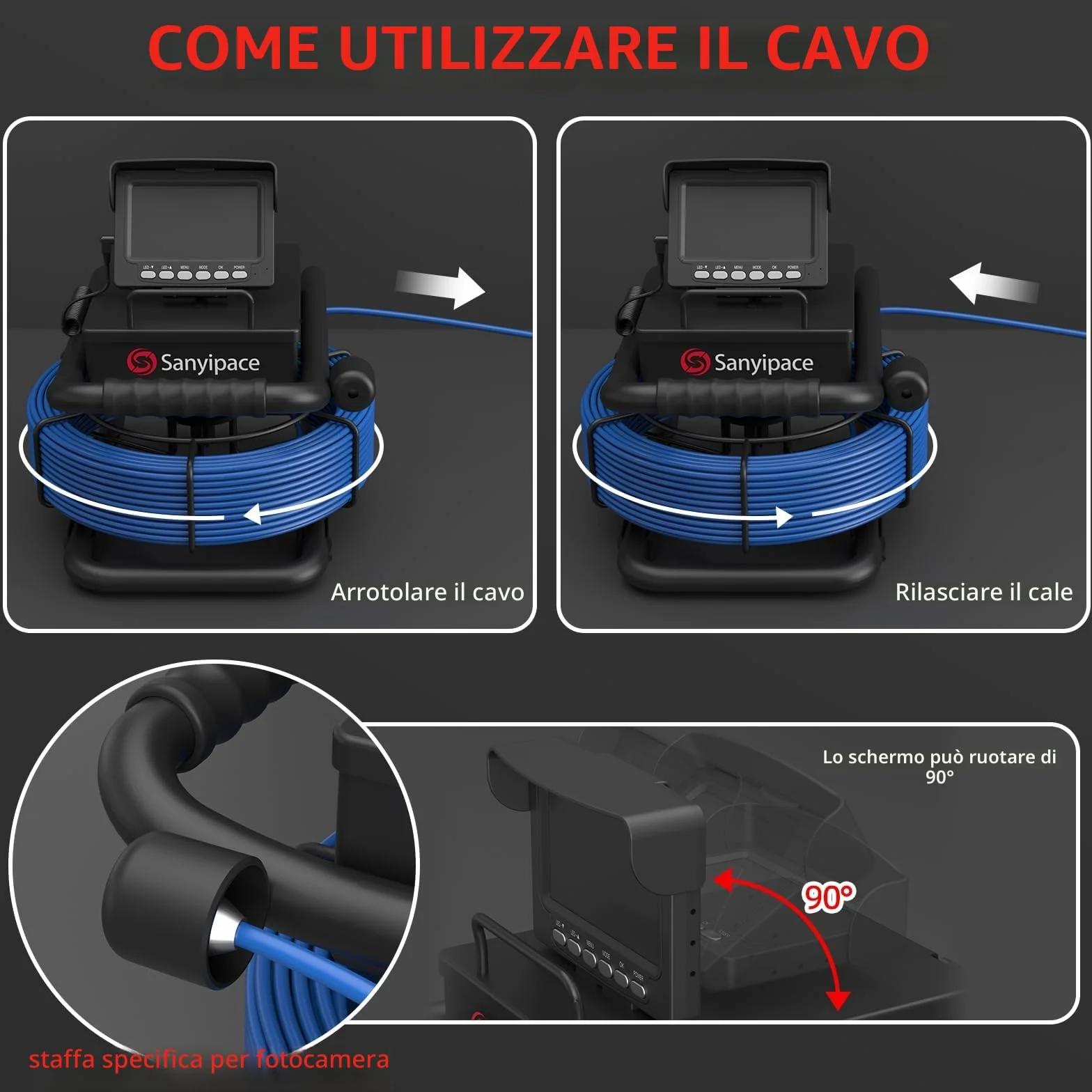 Sanyipace Telecamera di Ispezione 30m con DVR per Tubi Fognature, Batteria 5600 mAh, 8 LED Regolabili, 32GB