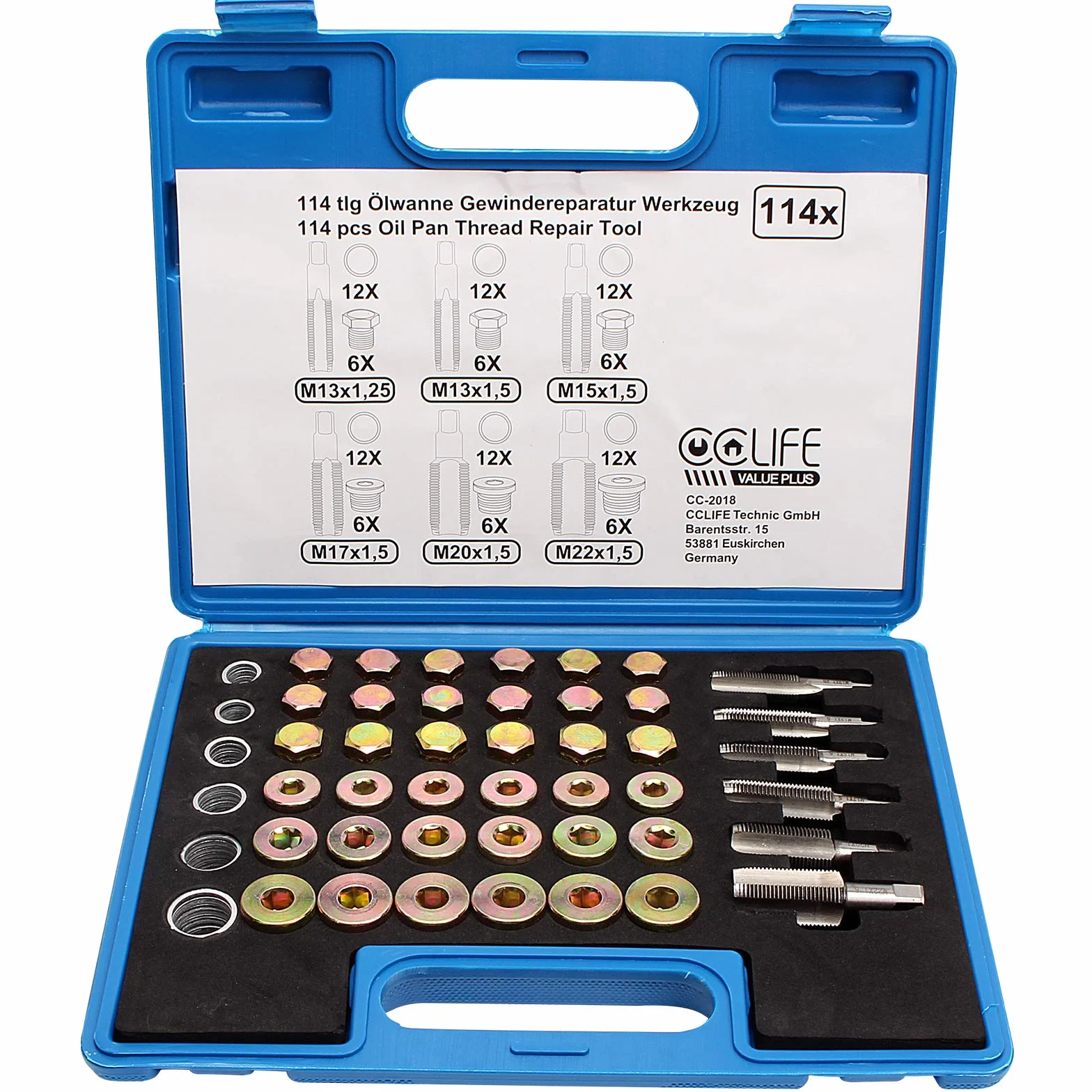 CCLIFE 114 Pezzi Kit Riparazione Filettatura Auto M13-M22 Coppa Olio