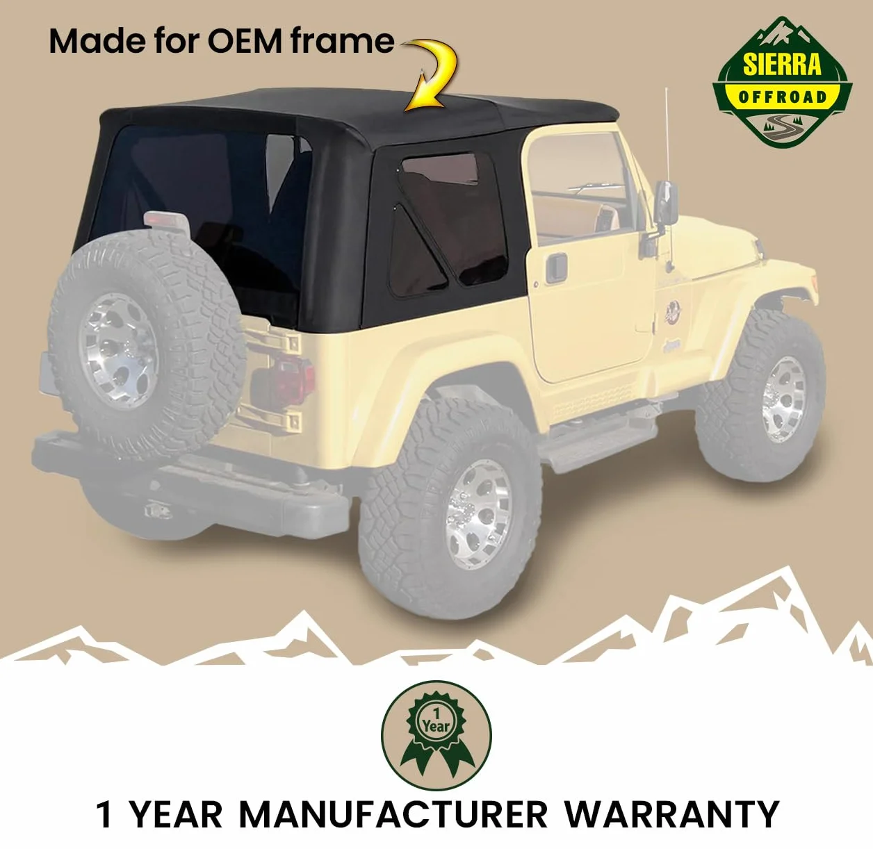 Sierra Offroad Soft Top for 1997-2006 Jeep Wrangler TJ Black Sailcloth Vinyl 2 Door with Rear Tinted Windows Factory Fit Replacement