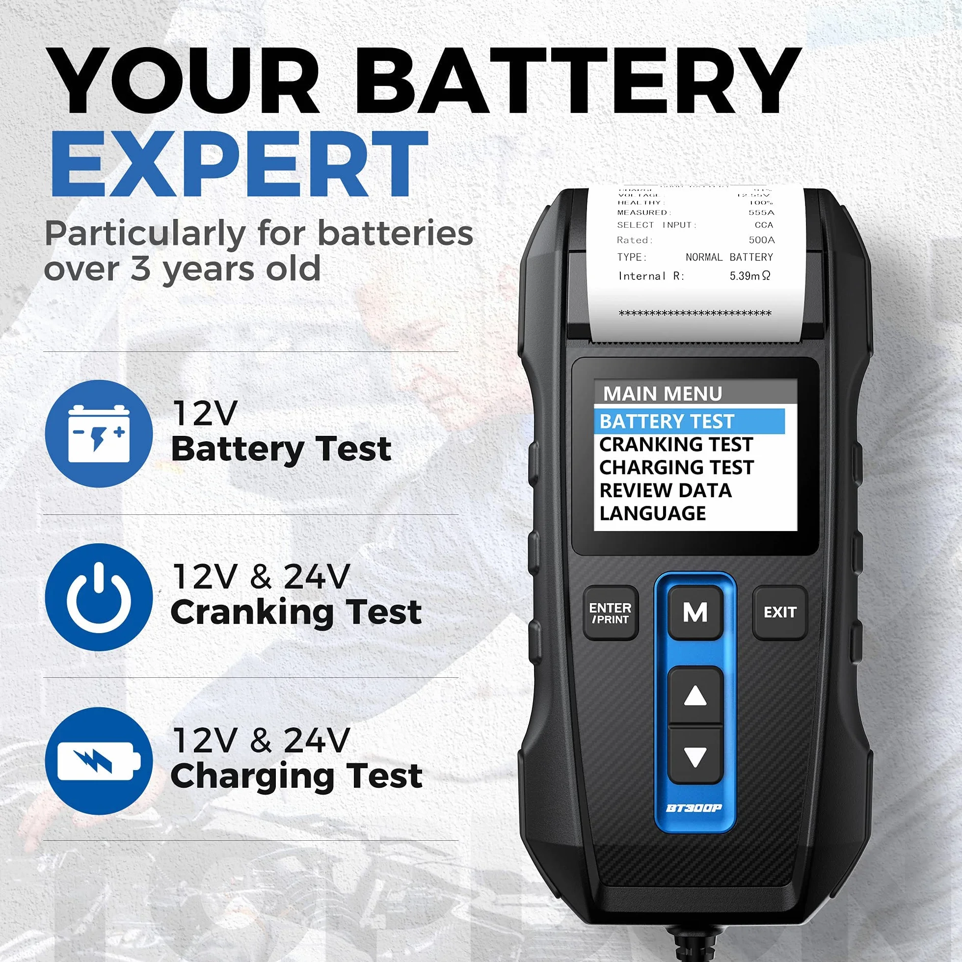 Tester Batteria per AutoTOPDON BT300P, 12V 24V Tester Batteria Con Stampante Analizzatore Professionale Della Batteria Dell'automobile Per Le Batterie 100-2000CCA