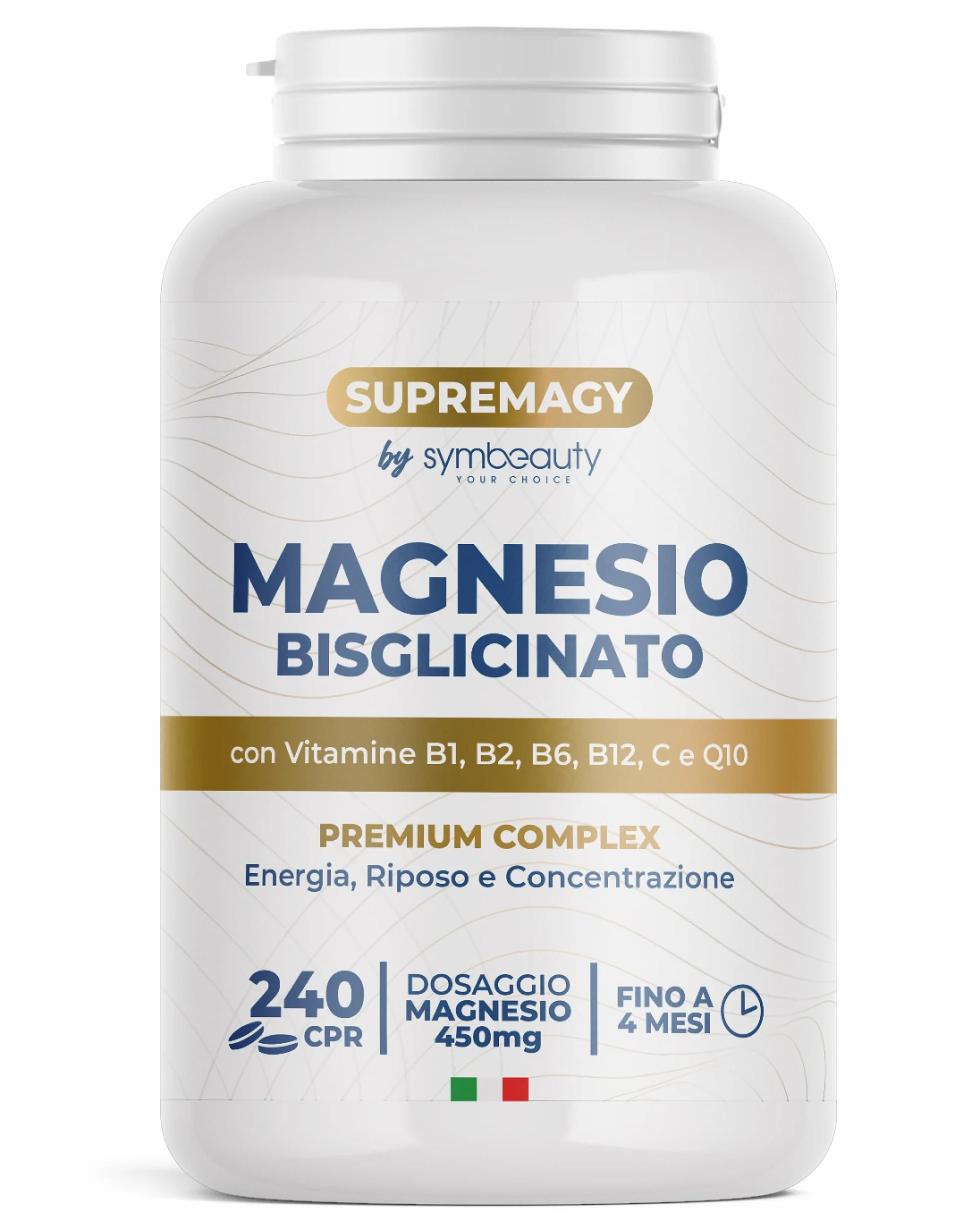 SUPREMAGY MAGNESIO BISGLICINATO 450mg 240 CPR Integratore Stanchezza Fisica e Mentale Vegano Made in Italy