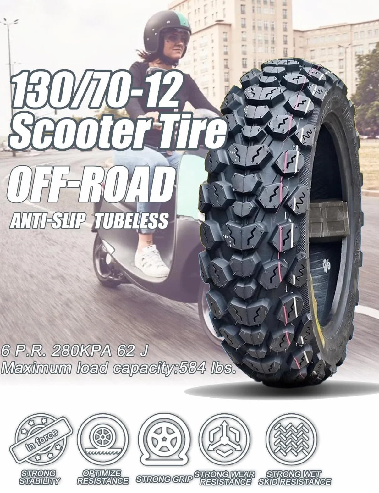 Pneumatico Tubeless per scooter/ciclomotore 130/70-12, cerchio da 12 pollici, 130/70/12 pneumatico resistente all'usura, usato fuoristrada, 6 P.R., 280 kPa, carico massimo 250 kg, 62 J