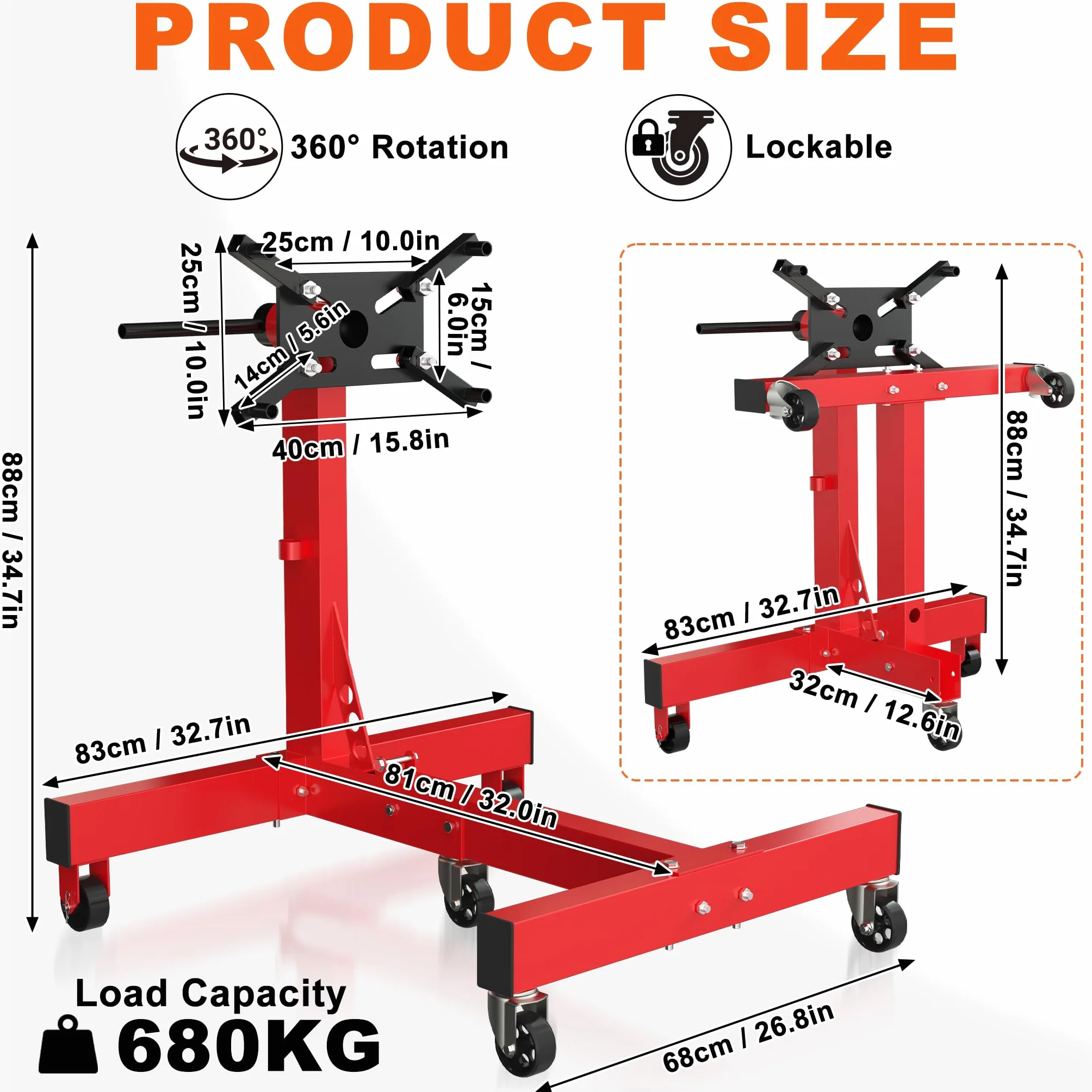 Supporto motore per auto pieghevole 680 kg 360° 4 bracci regolabili 5 ruote impugnatura antiscivolo