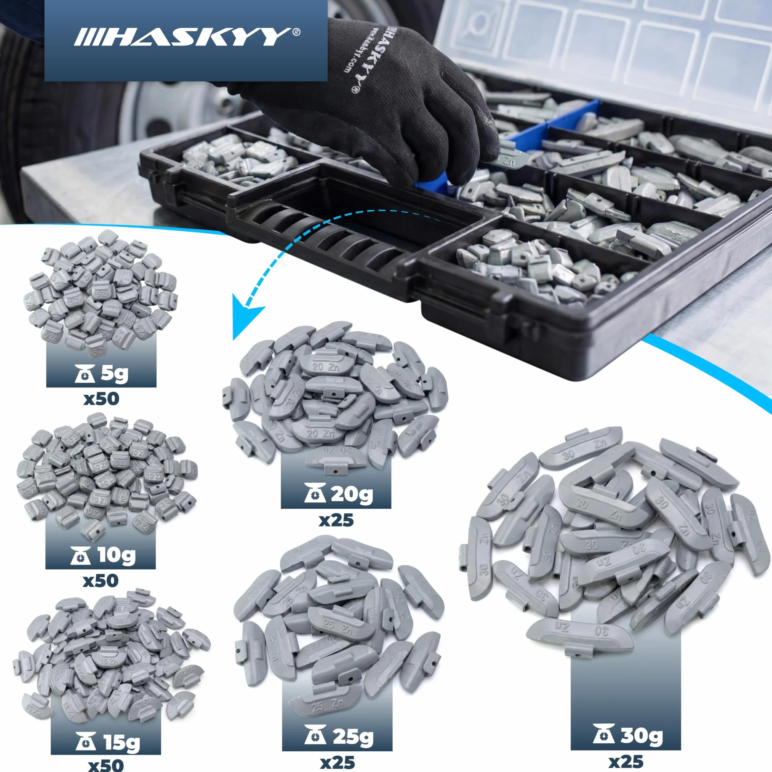 HASKYY 225 Contrappesi assortiti da 5 a 30g per equilibratura ruote in ferro auto compreso l'organizzatore/scatola di assortimento