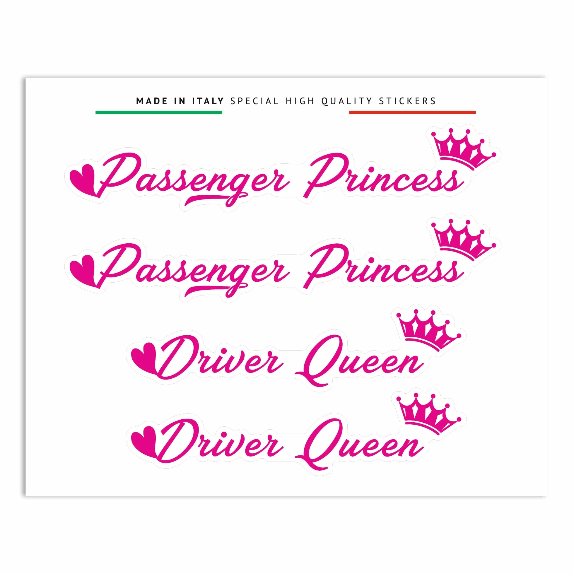 Adesivi Passenger Princess & Driver Queen Set 4 Stickers Decorativi 12 x 9,5 cm Fucsia Made in Italy