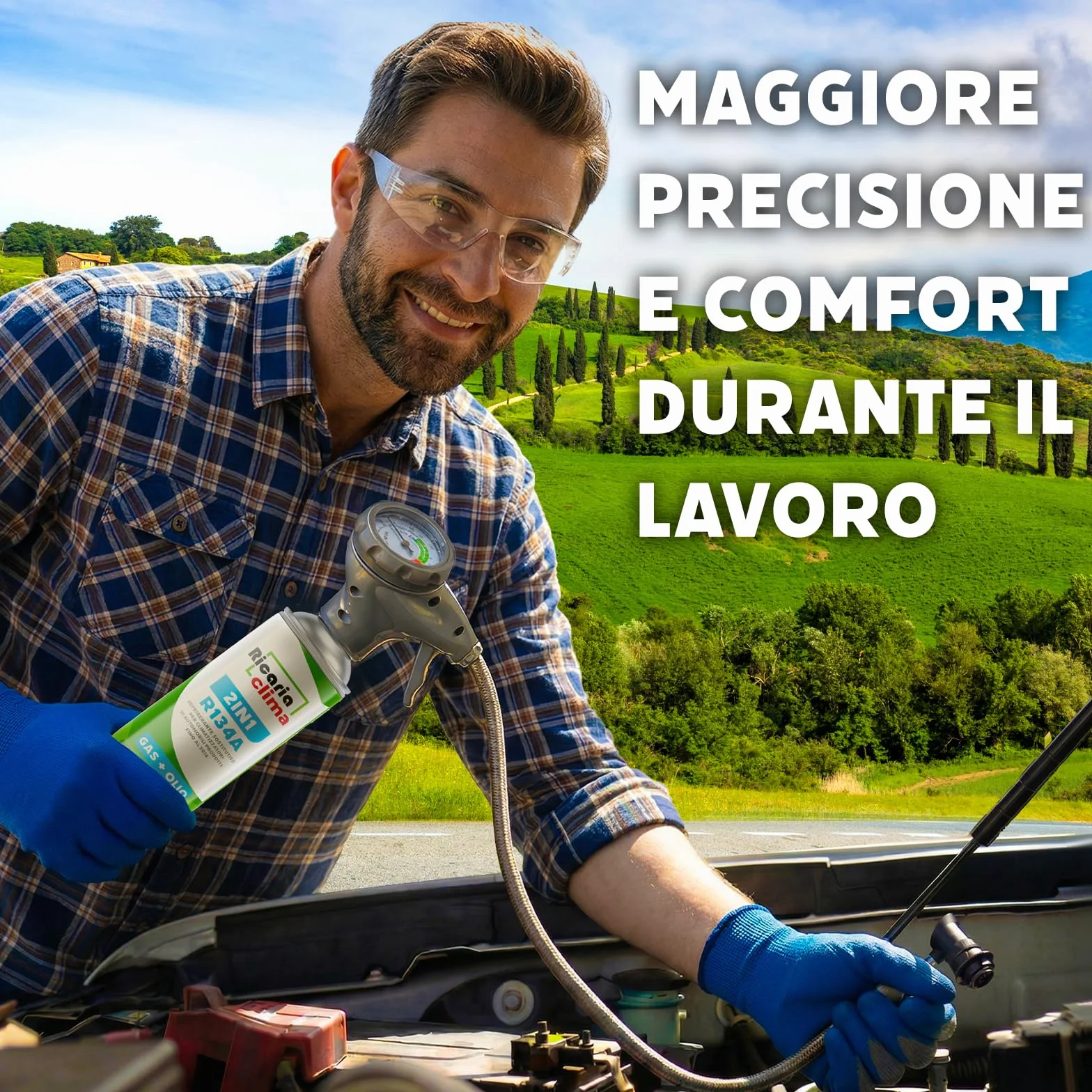 5-in-1: Refrigerante R134a + Tubo flessibile, 235 g per bomboletta, per climatizzatori auto con olio, additivo sigillante, colorante UV, agente disidratante – Protegge il compressore