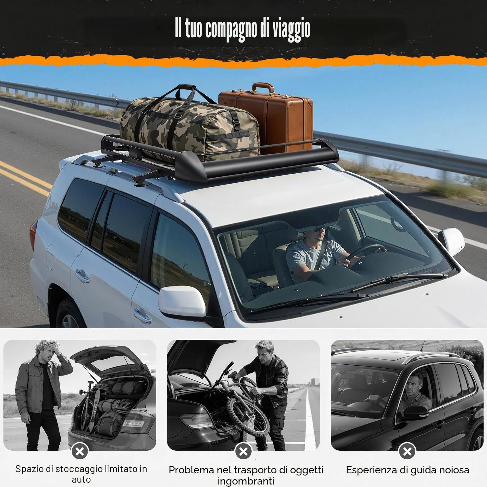 Portapacchi universale da tetto per auto, 127 x 97 cm, con una portata massima di 68 kg, adatto per tutti i tipi di SUV tutti i modelli