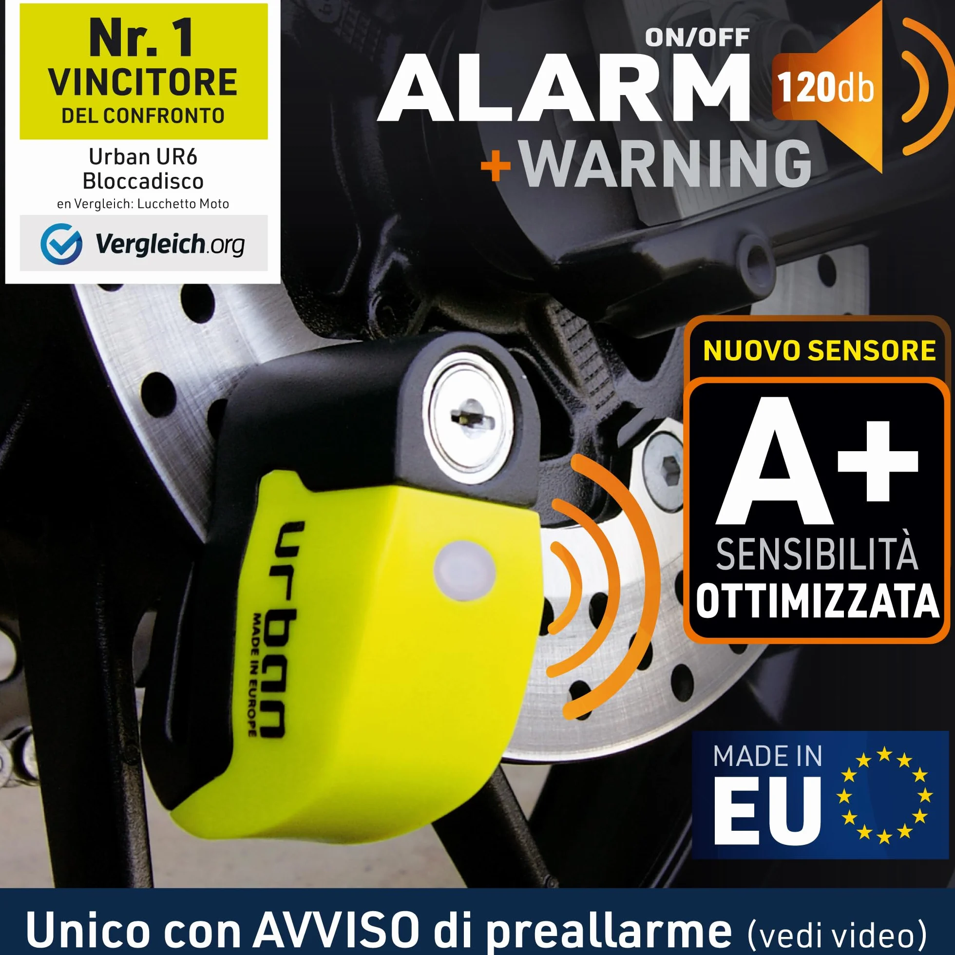 URBAN UR6 Antifurto Moto Blocca Disco con Allarme 120dB LED Impermeabile Sensibilità A+