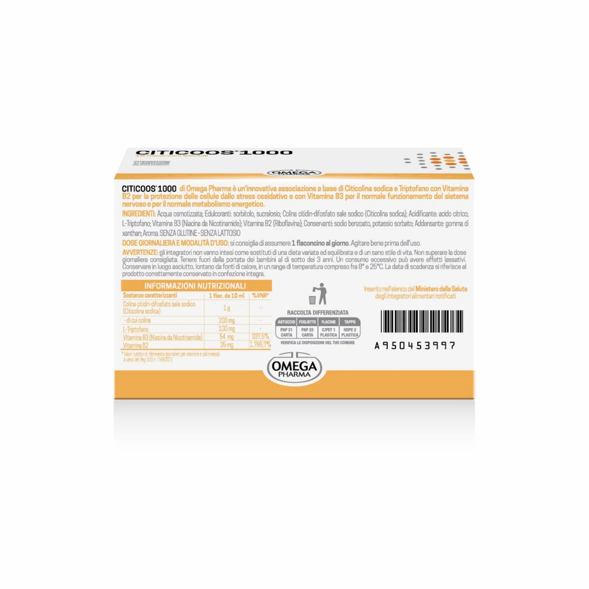 Omega Pharma Citicoos 1000 Citicolina Sodica 1 g Vitamine B3 B2 L-Triptofano 15 Flaconcini
