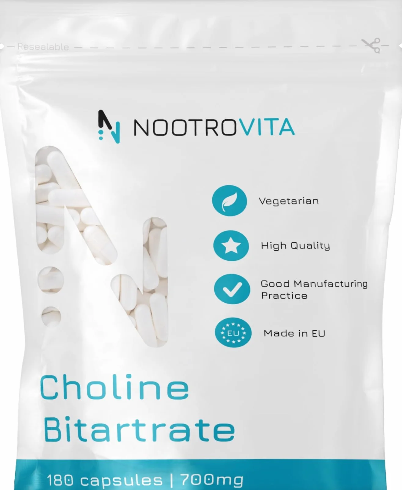 Colina Integratore 700 mg 180 Capsule Vegane Busta Richiudibile Colina Bitartrato Alta Forza Supporta Fegato Metabolismo Grassi Memoria Concentrazione