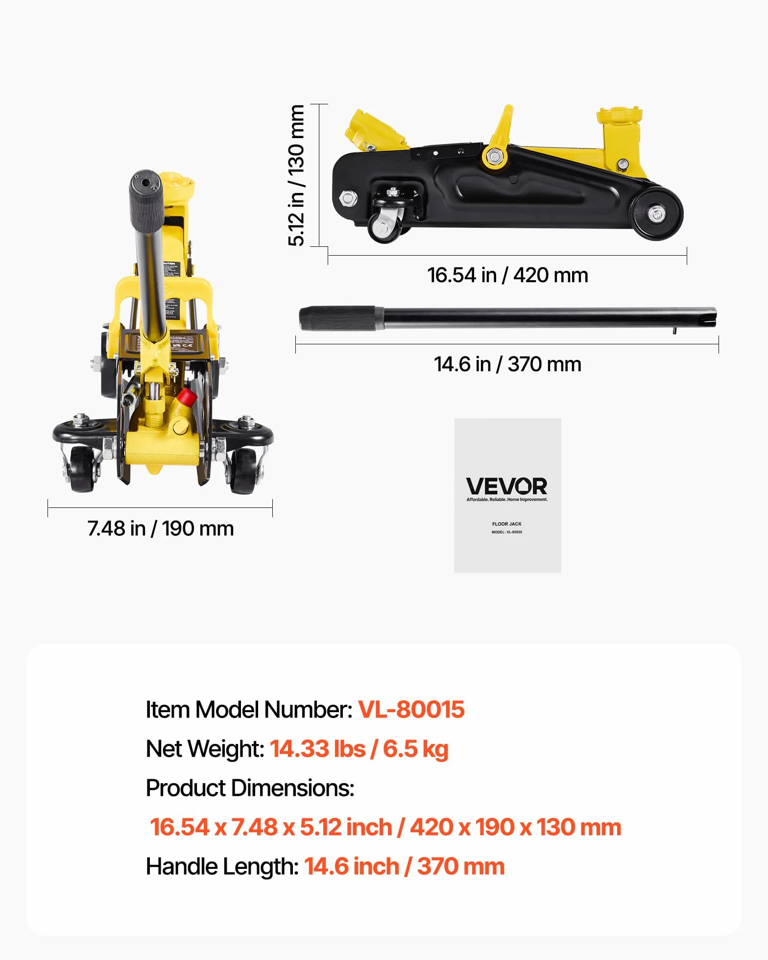 VEVOR Cric da Pavimento a Basso Profilo 1,5 t, Sollevatore Idraulico in Acciaio per Auto Sportive, Berline
