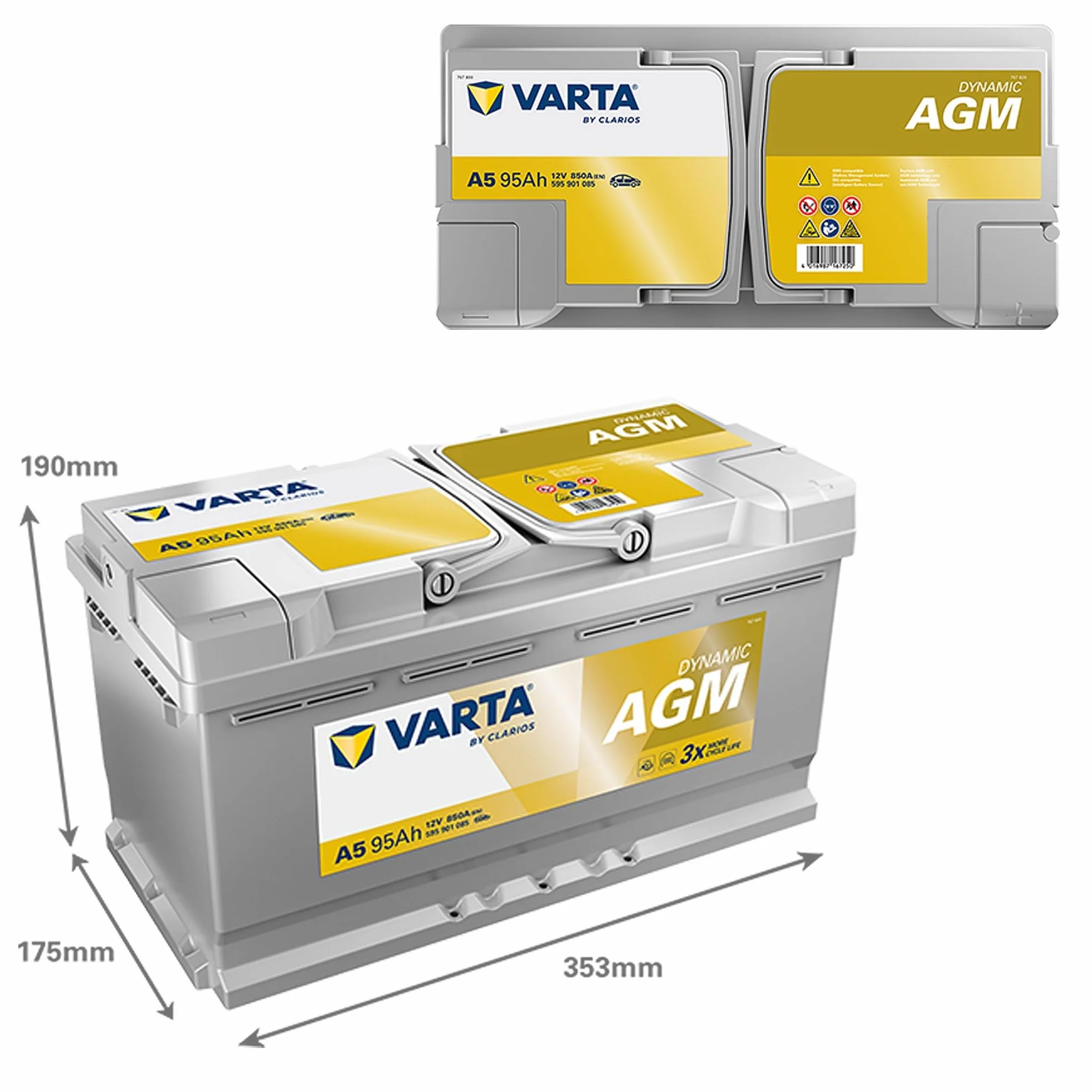 VARTA Automotive DYNAMIC AGM (A5) 12V 95Ah 850A - Batteria auto al piombo-acido per sistemi start-stop e xEV - Batteria di avviamento per fabbisogno energetico più elevato - senza manutenzione