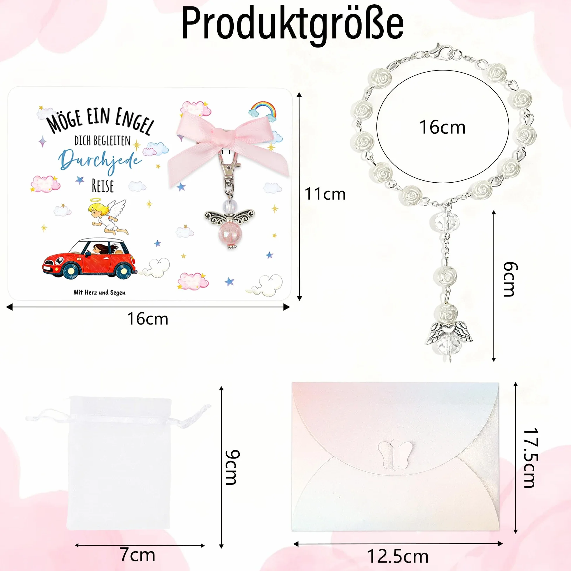 Ciondolo auto con angelo custode per specchio, rosario portafortuna, accessorio interno auto, ciondolo per auto, regalo per patente di guida e carrello (ciondolo per auto + portachiavi)