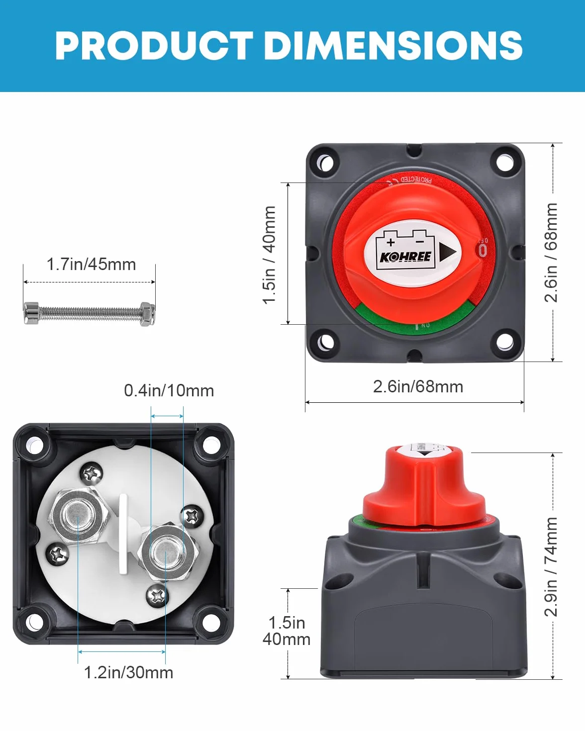 Kohree Interruttore Stacca Batteria 12V-48V 275A Interruttore di disconnessione Impermeabile per Auto Camper ATV UTV Marina Barca con 4 Bulloni di Montaggio (1-ON-OFF)