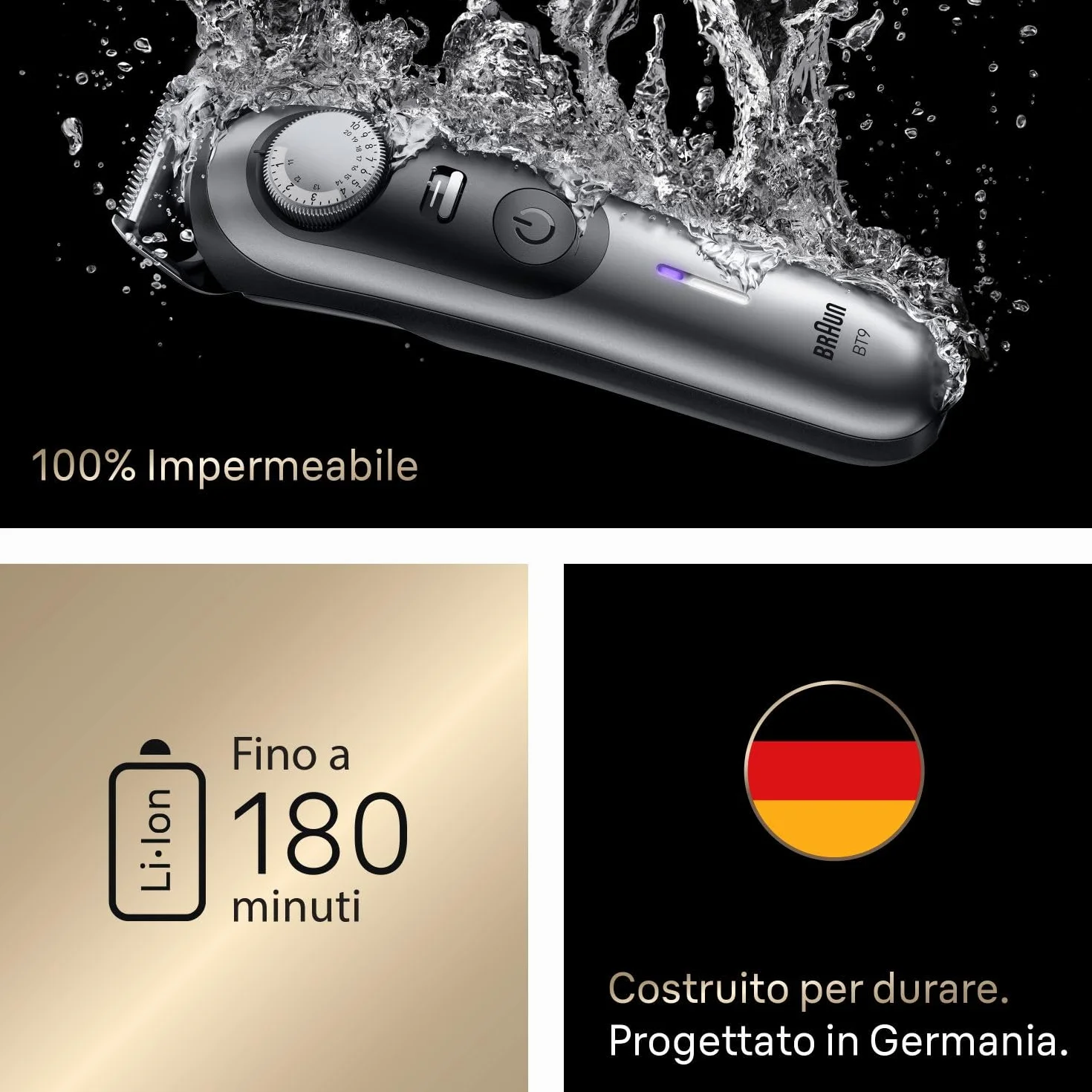 Braun Series 9 Rasoio Elettrico Barba, Lama Problade Affilata a Vita, 180 Min, 52 Lunghezze, Impermeabile, Bt9545