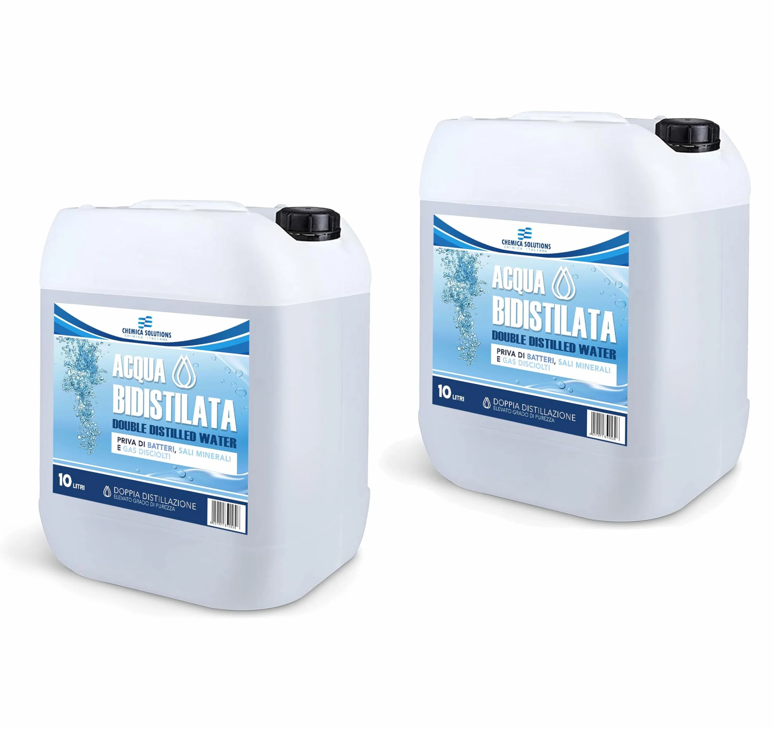 CHEMICA SOLUTIONS Acqua Bidistillata Pura 20 Litri 2 taniche da 10 L Distillata Due Volte Demineralizzata Made in Italy