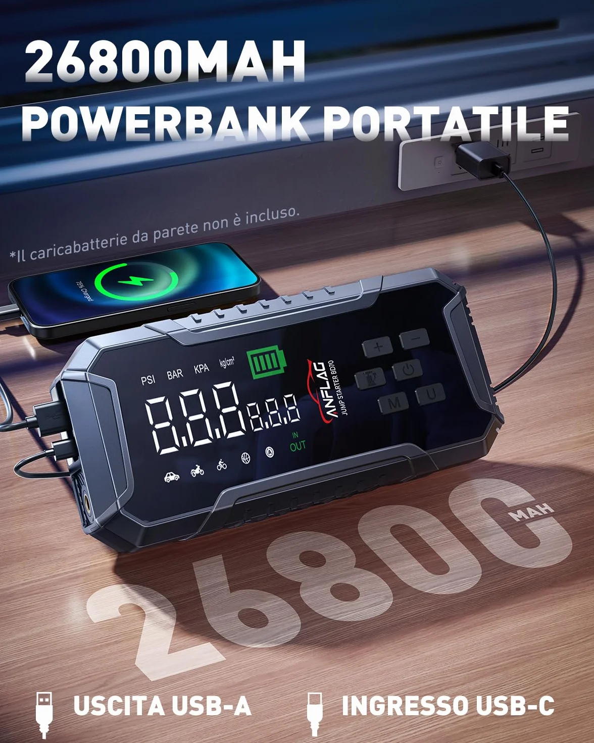 Booster Avviamento Auto 8000A, ANFLAG Avviatore Batteria Auto con Compressore 160PSI, 26800mAh Starter Batteria Auto per Tutti Gas o 12L Diesel con Ricarica Rapida USB-C/600 Lumen LED