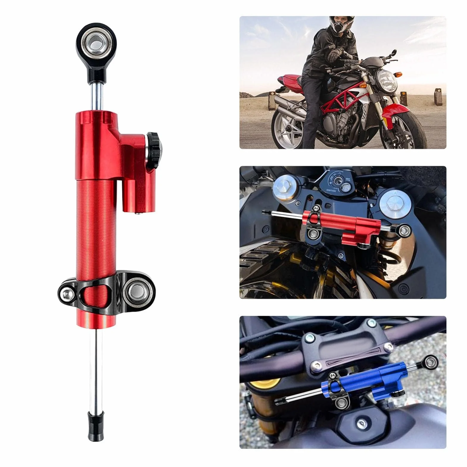 Ammortizzatore di sterzo per motociclo, Stabilizzatore universale per ammortizzatore di sterzo in lega di alluminio per moto per la maggior parte delle moto, bici da strada(rosso + nero)