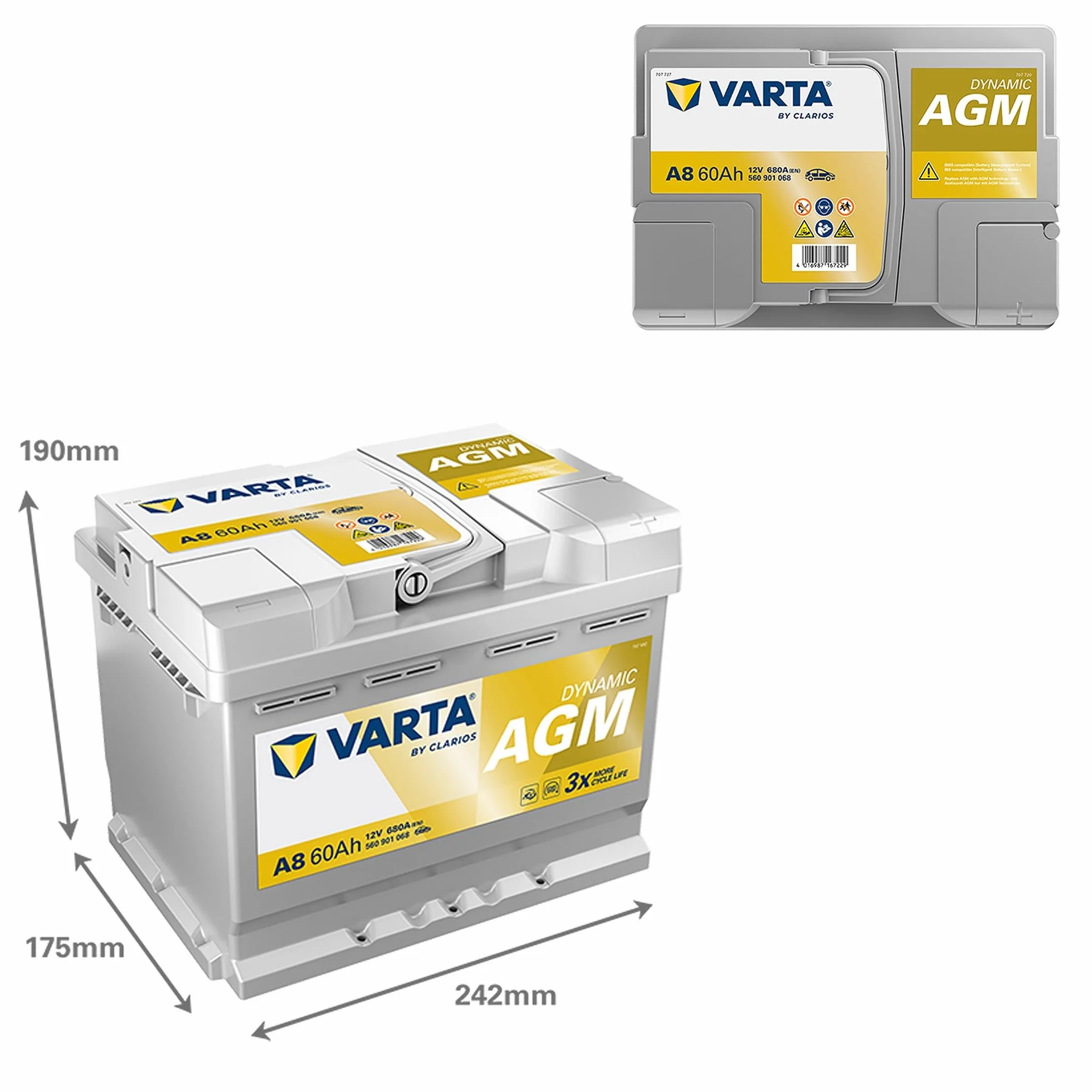VARTA Automotive DYNAMIC AGM (A8) 12V 60Ah 680A - Batteria auto al piombo-acido per sistemi start-stop e xEV - Batteria di avviamento per fabbisogno energetico più elevato - senza manutenzione