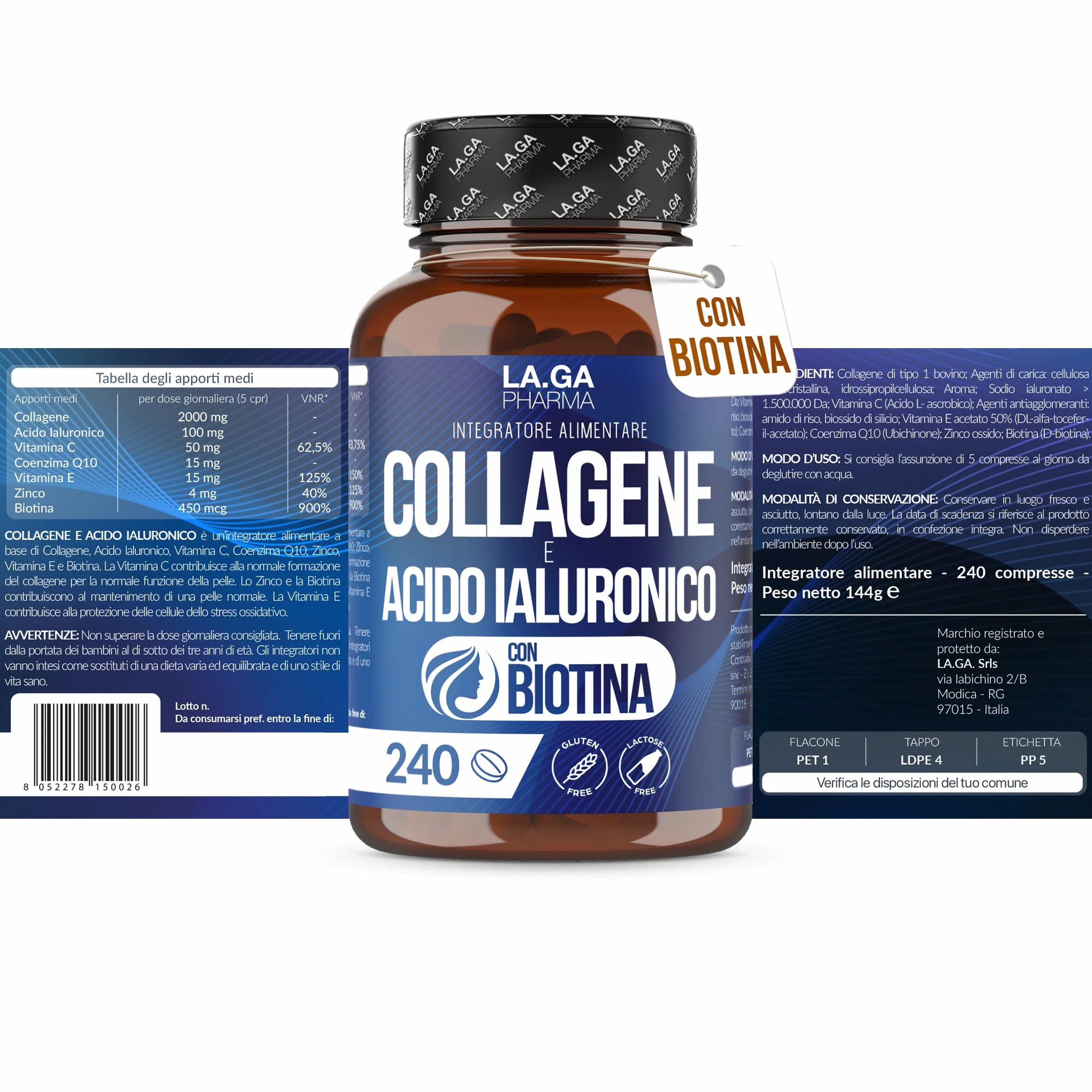 Collagene e Acido Ialuronico con BIOTINA 240 compresse 2000 MG per Capelli Pelle Unghie Articolazioni
