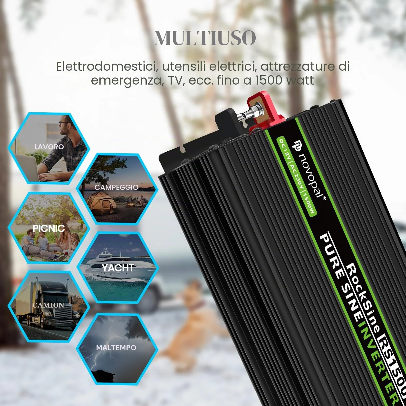 Novopal Inverter Onda Sinusoidale Pura 1500W DC 12V AC 220V 230V Convertitore di Tensione con Telecomando 5M