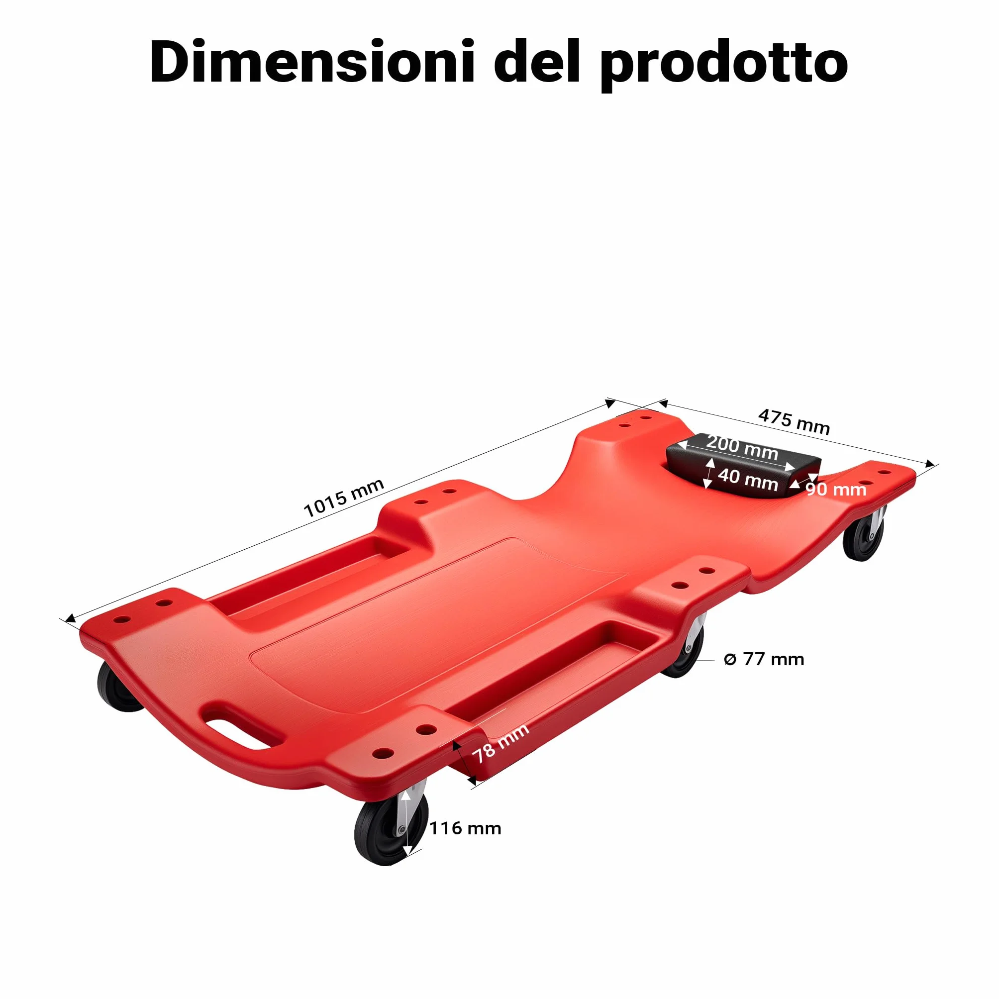 Wiltec Sdraio da Officina 103x50x10cm Lettino da Meccanico Poggiatesta Rimovibile Porta-Attrezzi Max 180kg