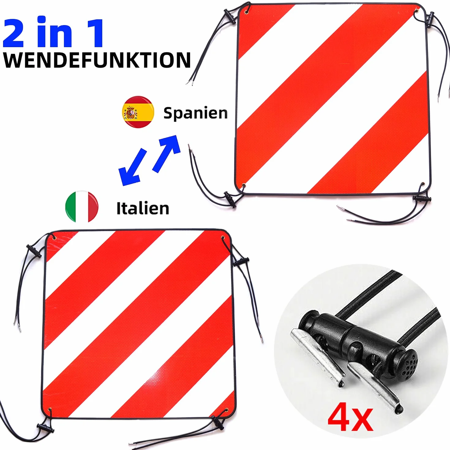 Segnale d'avvertenza riflettente alluminio 50 x 50 cm 2 in 1 per Italia e Spagna con cinghie di fissaggio