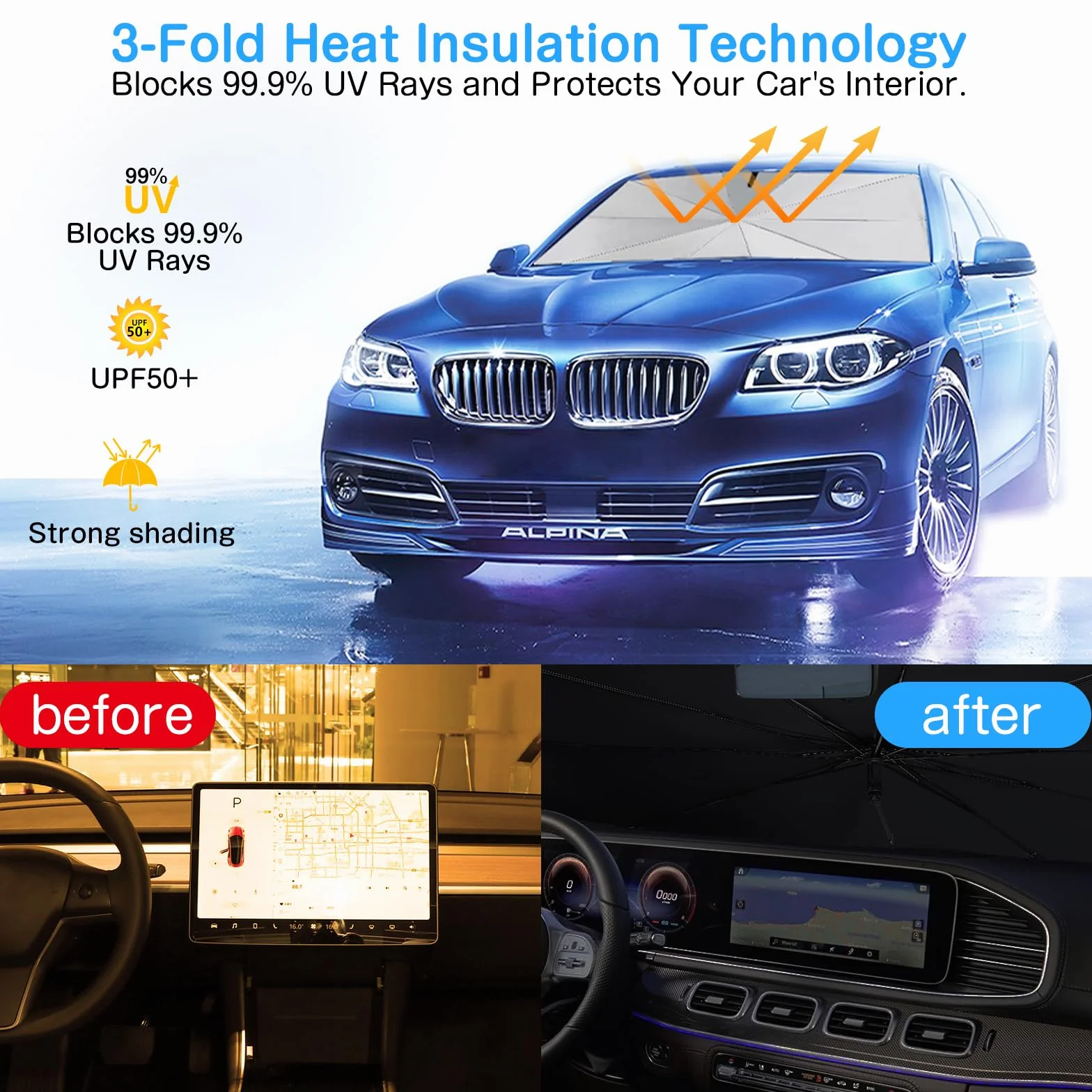 Parasole Auto Ombrello Pieghevole Anti-UV Isolation Thermique 138x80cm per SUV MVP Camion