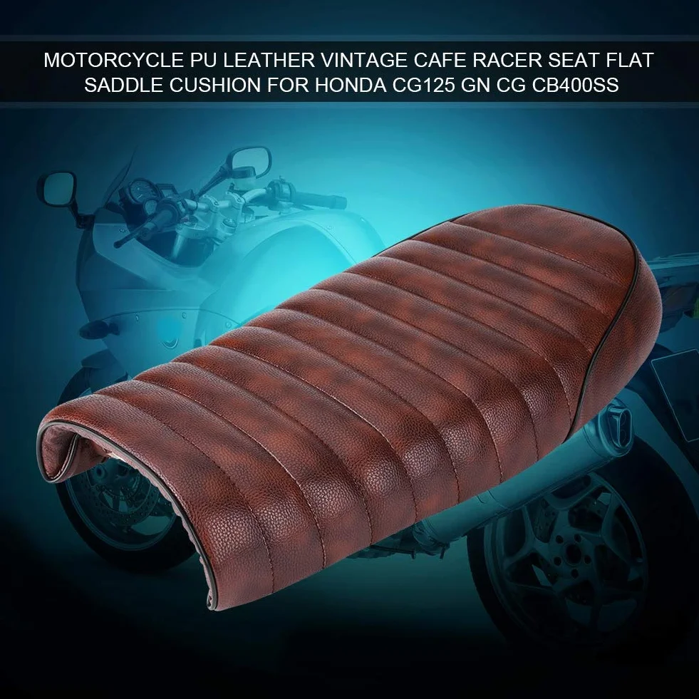 Sedile Moto in Pelle PU Vintage Cafe Racer Sella Piatta Cuscino per CG125 GN CB400SS