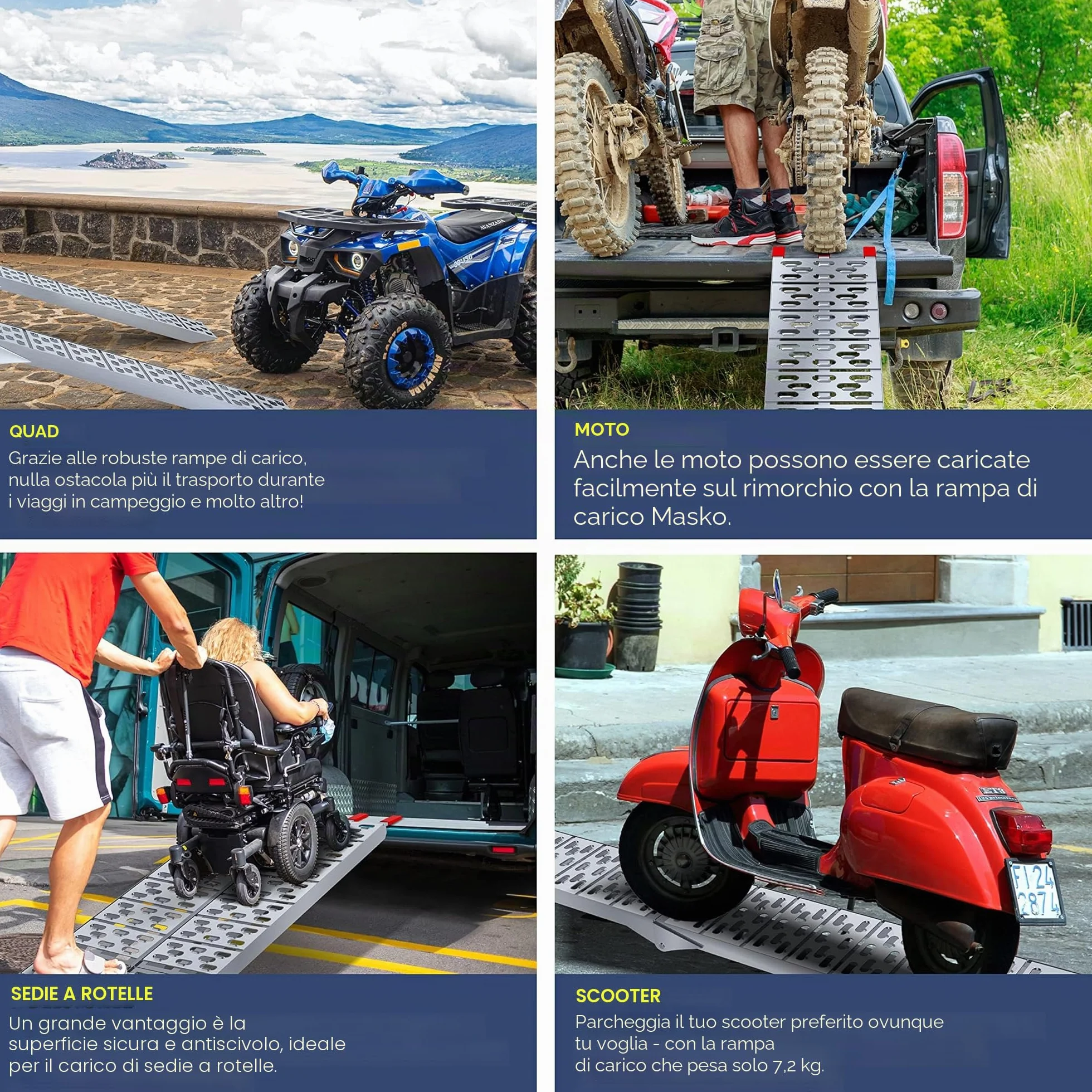 MASKO® Rampa 340kg Rampa di carico ALU pieghevole Rampa di carico Antiscivolo Pieghevole max. 340kg* per pezzo, Rampa di carico moto ATV Quad Car Car
