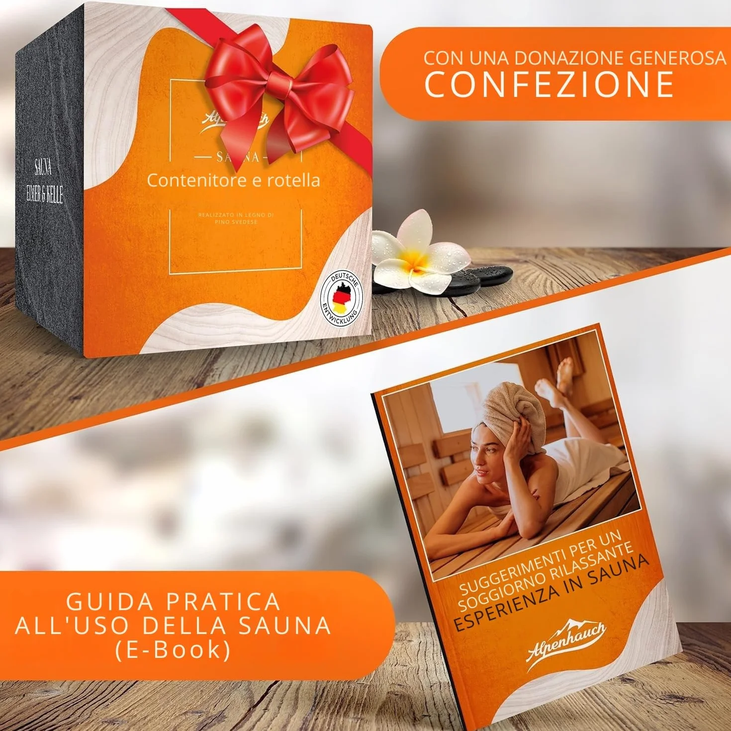 ALPENHAUCH Secchio per sauna con cazzuola legno naturale, set accessori durevoli per infusione