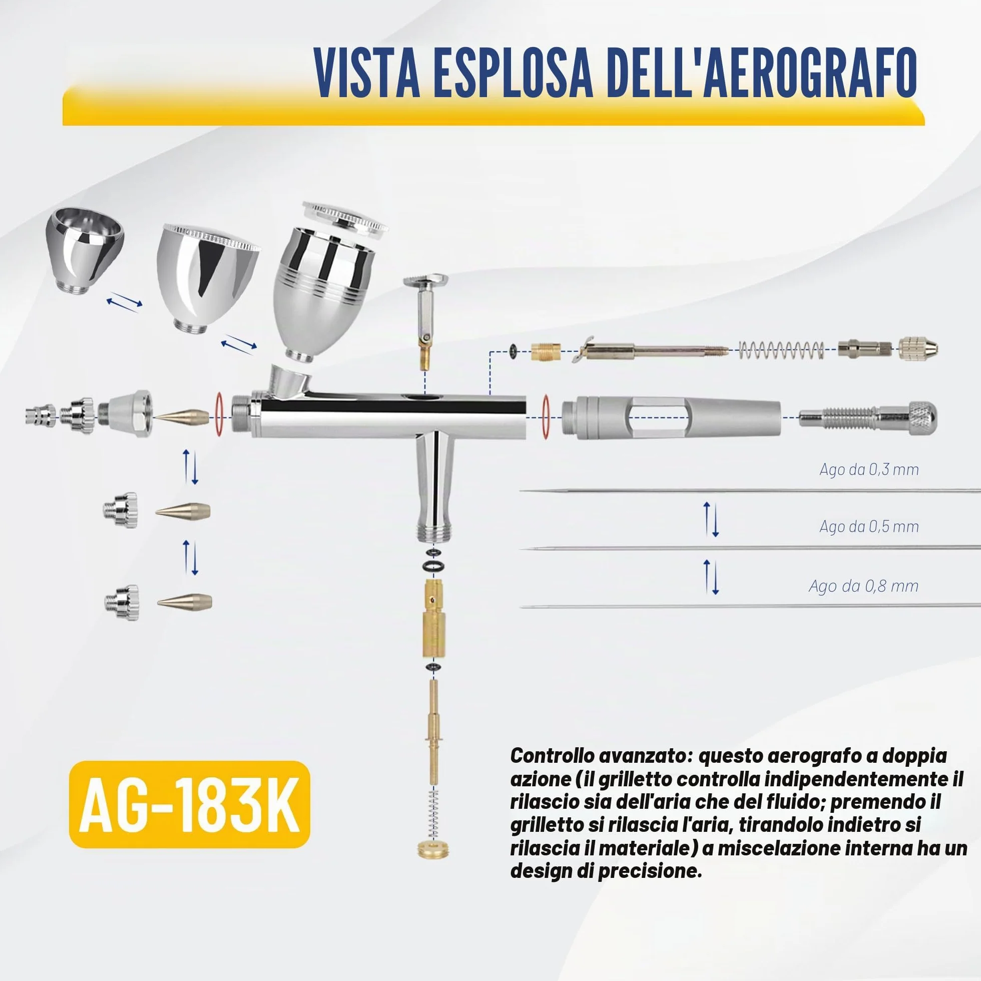Fengda FE-183K Aerografo a Doppia Azione Alimentazione a Gravità Set 3 Ugelli 0.3-0.8mm