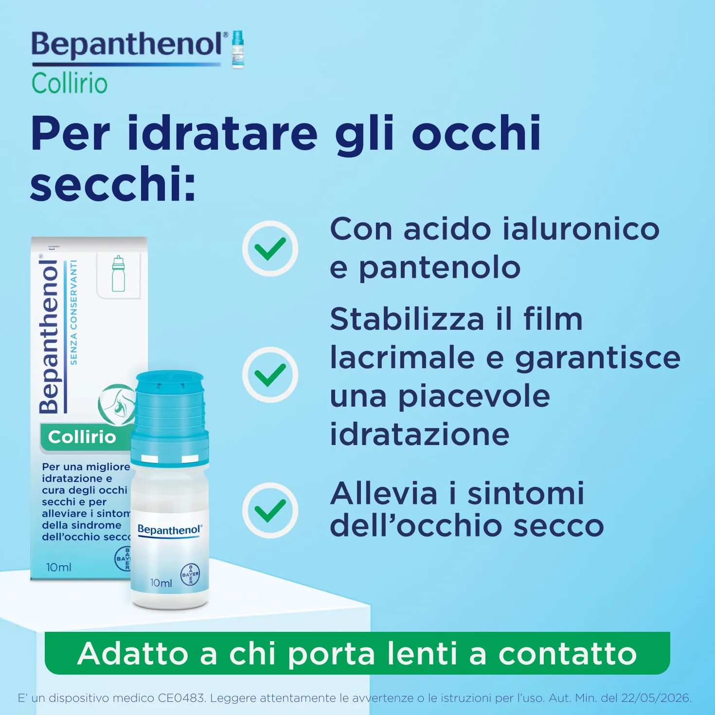 Bepanthenol Collirio Flacone 10 ml – Gocce Oculari con Acido Ialuronico 0,15% e Pantenolo – Lacrime Artificiali Senza Conservanti