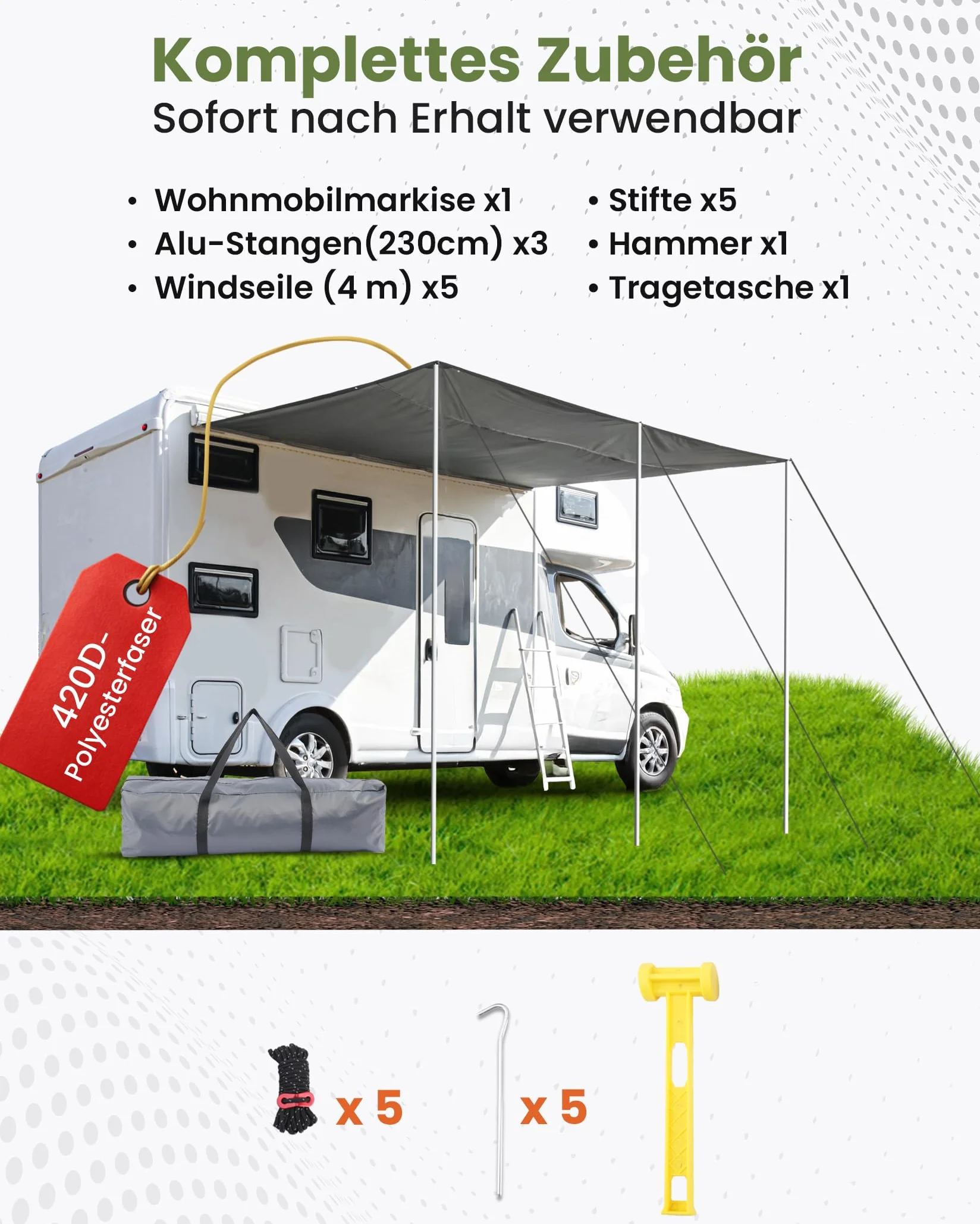 Tenda da sole per roulotte 450x240 cm 2 listelli 3 aste alluminio protezione acqua 5000 ml UV 50+