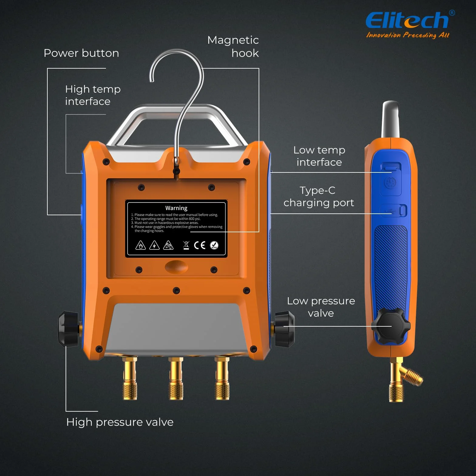Elitech EMG-20V Kit Manometro Digitale Intelligente con Schermo Touch 5 Pollici Bluetooth per HVAC