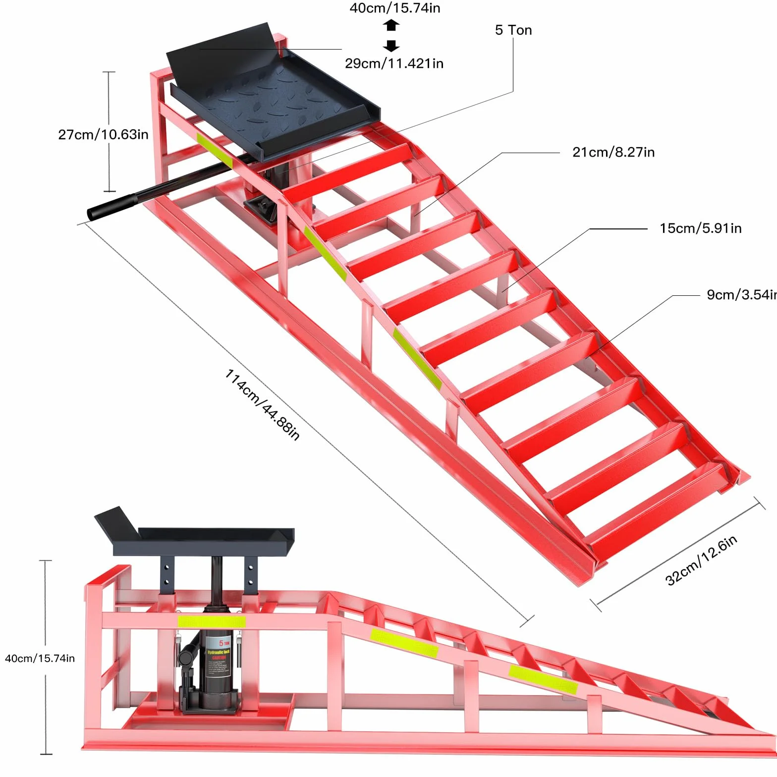 LARBANKE 2 Pezzi Rampe di Carico Idrauliche da 5 Ton, Rampe per Auto con Strisce Riflettenti, altezza regolabile da 24,9 a 38,1 cm, Ponte Sollevatore per Cambio Olio e Garage