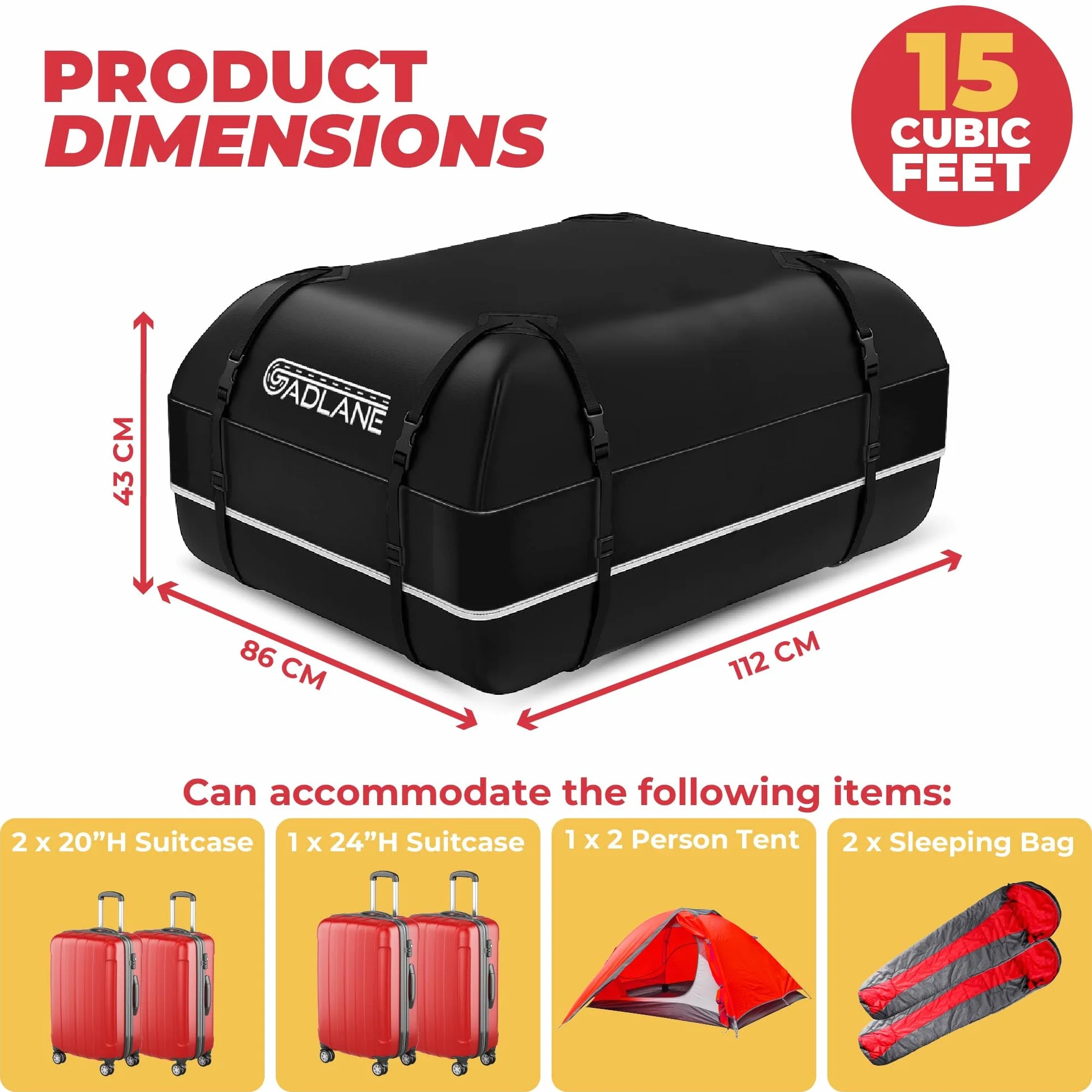 GADLANE Borsa da Tetto per Auto - 425L Box da Tetto Impermeabile per Auto con/senza Portapacchi, con Tappetino Antiscivolo, 4 Cinghie Robuste, Lucchetto a Combinazione, Borsa Portaoggetti (Nero)