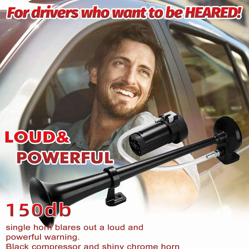 NEWFUN Tromba Camion 12v, Clacson 12v, Trombe Auto 12v, 12V 150dB Air Horn, Rivestimento Elettroforetico Catodico, per Autocarri Auto Tricicli Barche Ecc (Compressore Incluso Nel Kit)