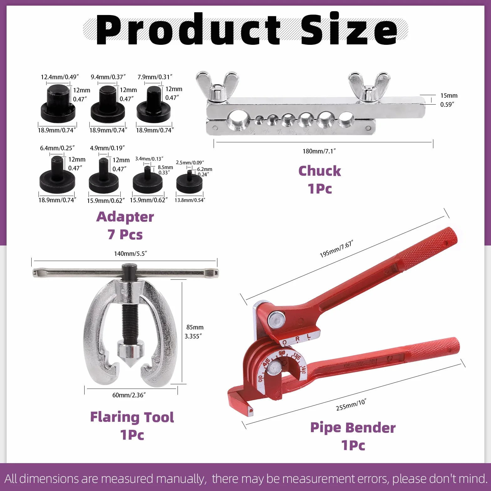 Swpeet Kit 10 utensili svasatura automatica piegatubi 3 in 1 180 gradi 1/2" 7/16" 3/8" 5/16" 1/4" 3/16" 5/8"