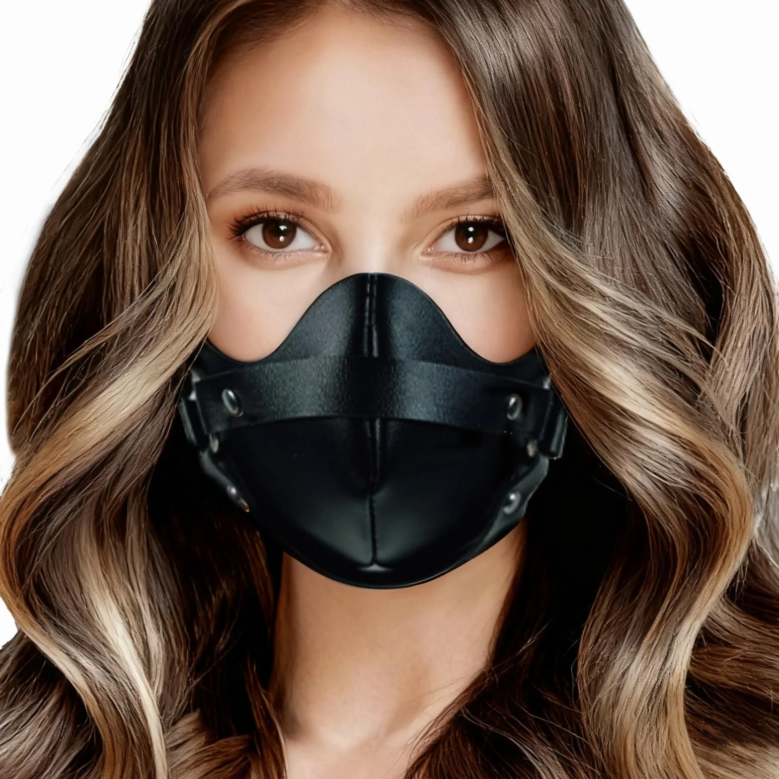 Maschera in pelle nera BDSM per adulti con boccaglio gotico e anello in metallo