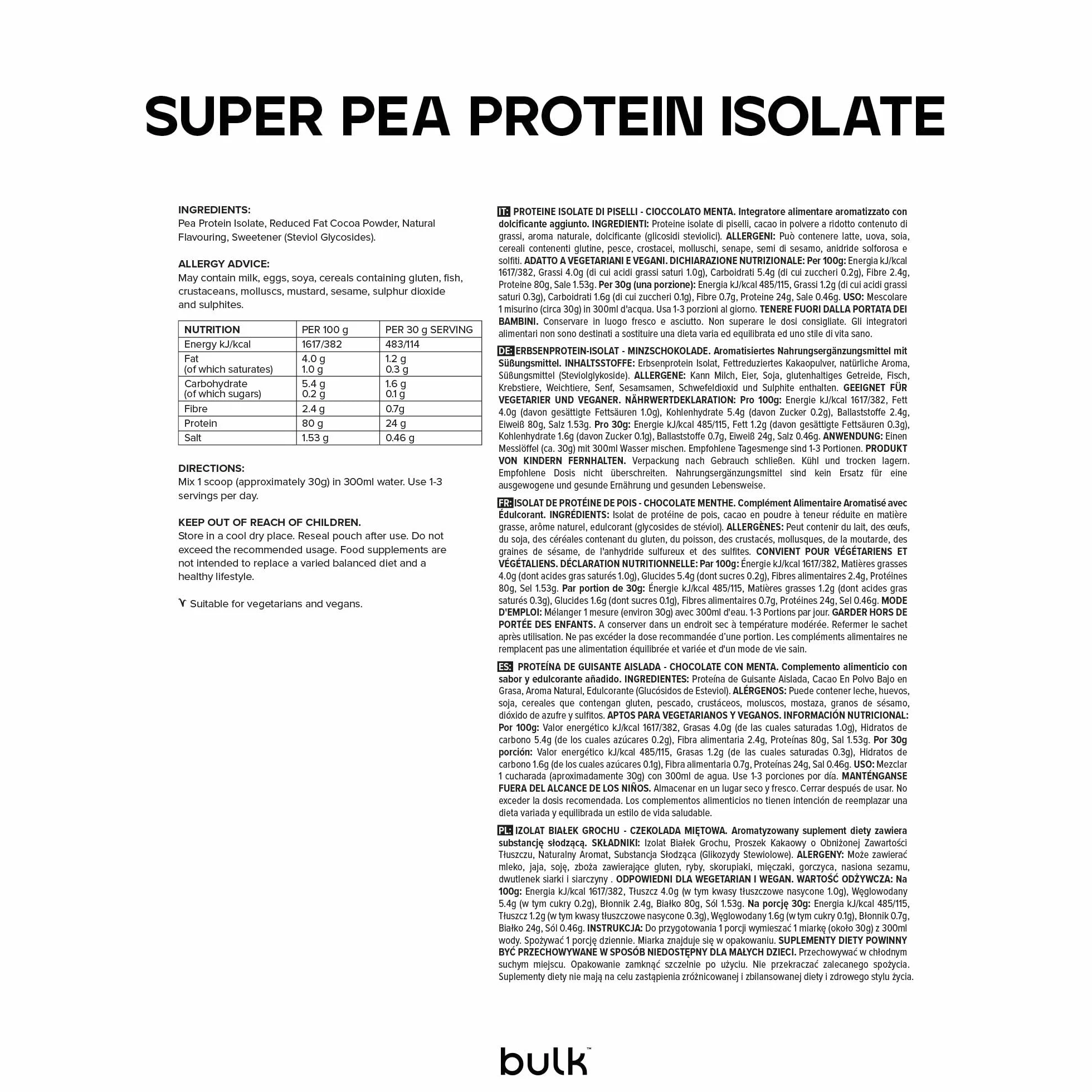 Bulk Pea Protein Isolate Powder, Vegan Protein Shake, Chocolate Mint, 1 kg